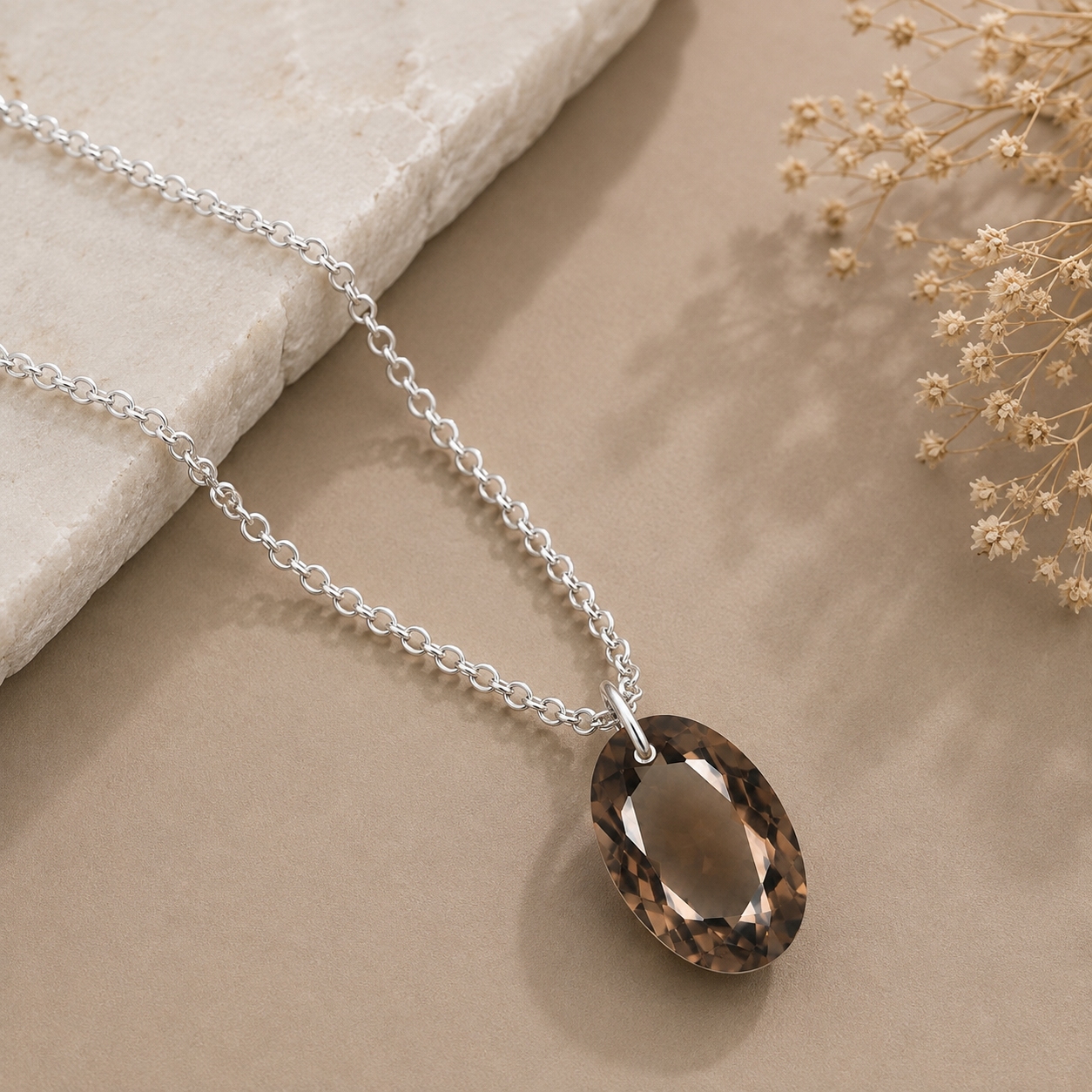 Oval Smoky Quartz Solitaire Necklace - 925 sterling Silver