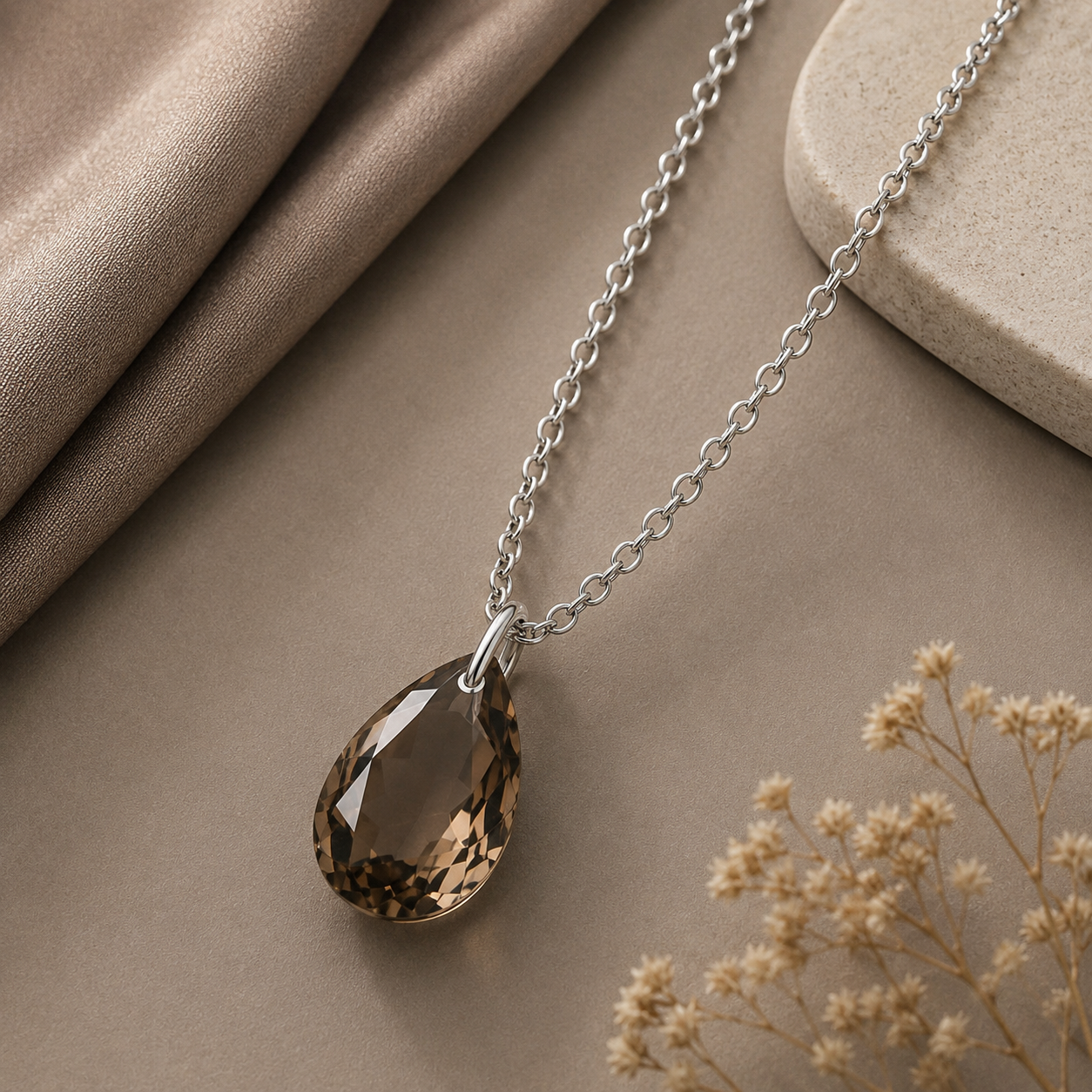 Pear Smoky Quartz Solitaire Necklace - 925 sterling Silver