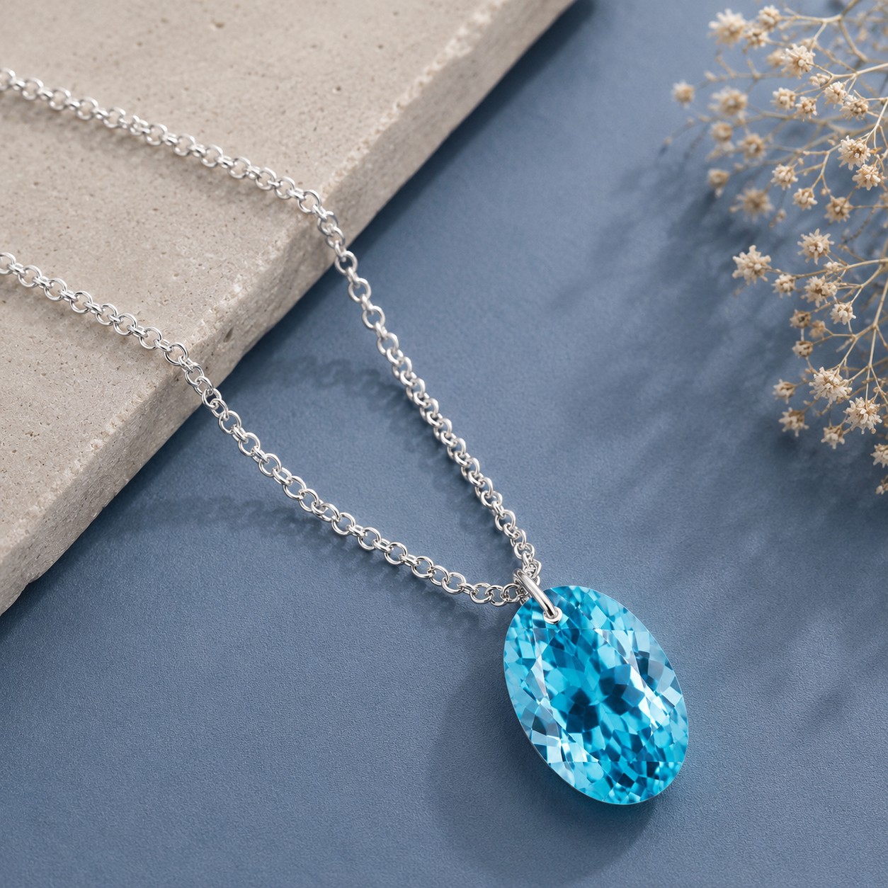 Oval Swiss blue topaz Solitaire Necklace - 925 sterling Silver
