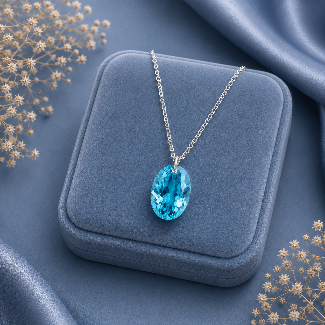 Oval Swiss blue topaz Solitaire Necklace - 925 sterling Silver