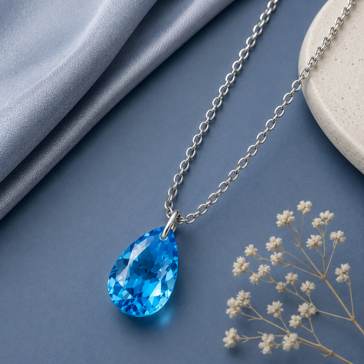 Pear Swiss Blue Topaz Solitaire Necklace - 925 sterling Silver