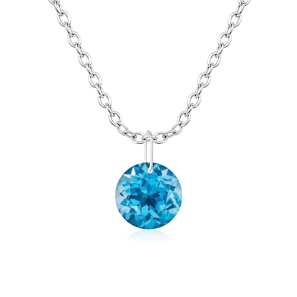 Round Swiss Blue Topaz Solitaire Necklace - 925 sterling Silver