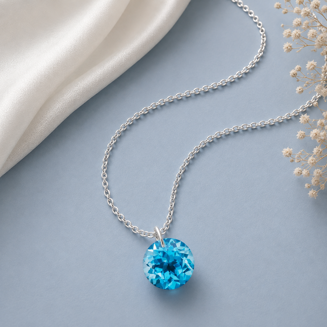Round Swiss Blue Topaz Solitaire Necklace - 925 sterling Silver