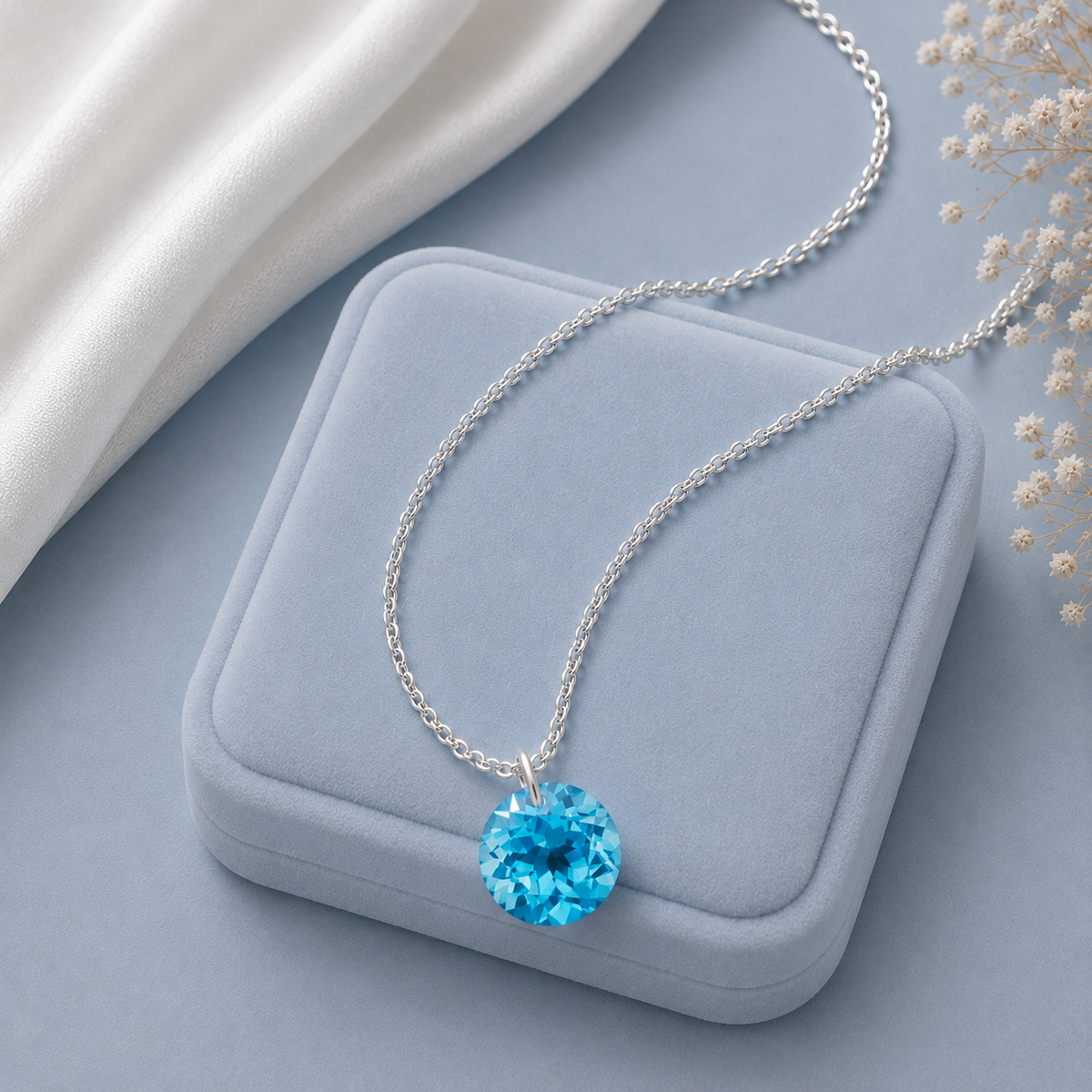 Round Swiss Blue Topaz Solitaire Necklace - 925 sterling Silver