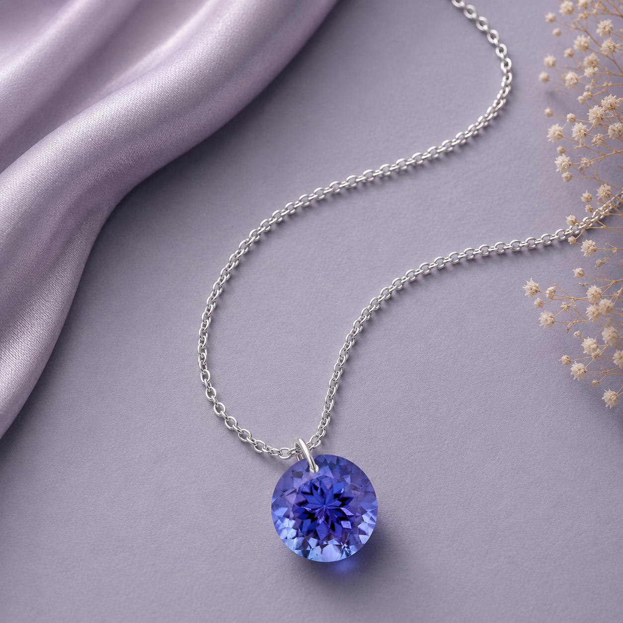Round Tanzanite Solitaire Necklace - 925 sterling Silver