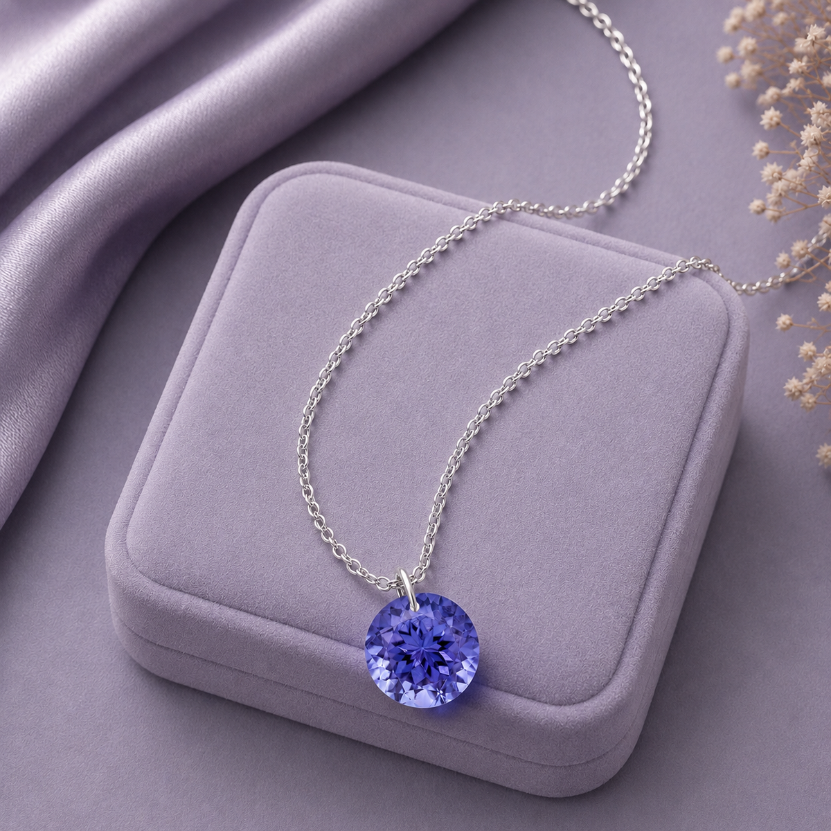 Round Tanzanite Solitaire Necklace - 925 sterling Silver