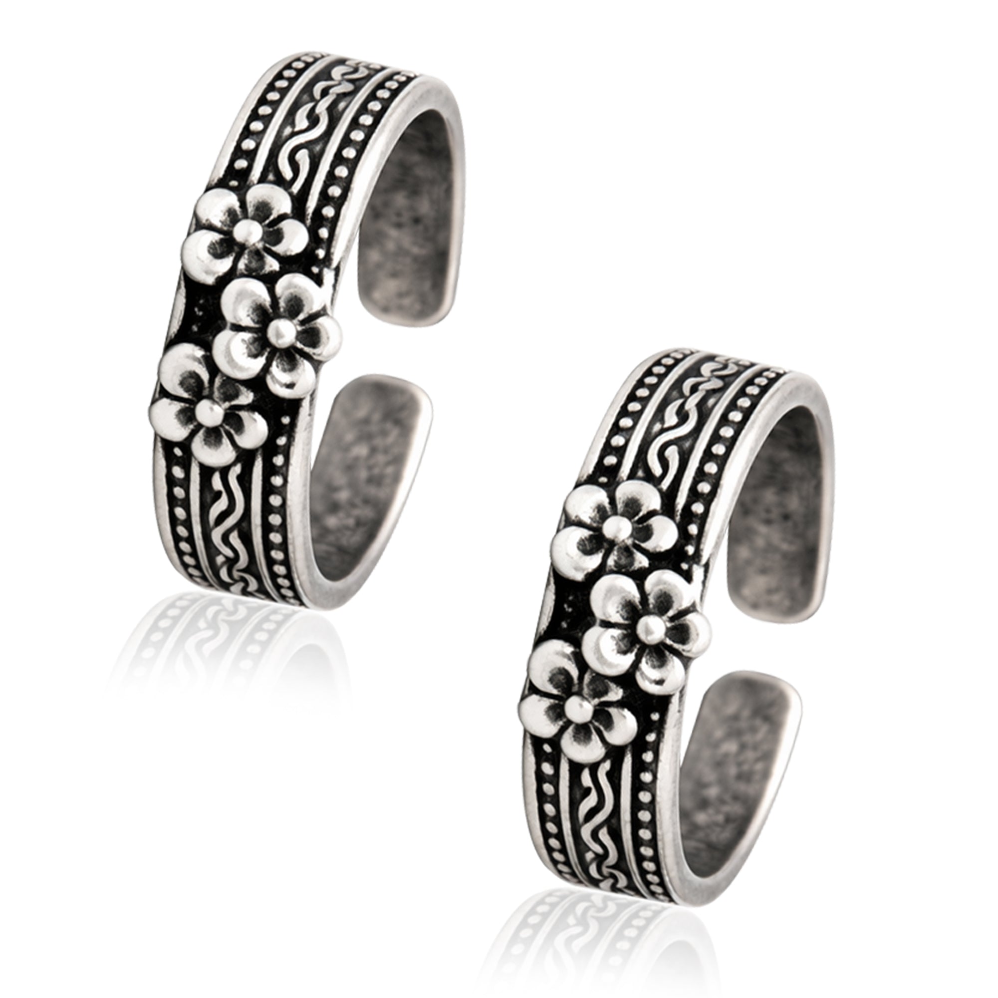 Floral Adjustable Toe Ring - Sterling Silver Oxidized