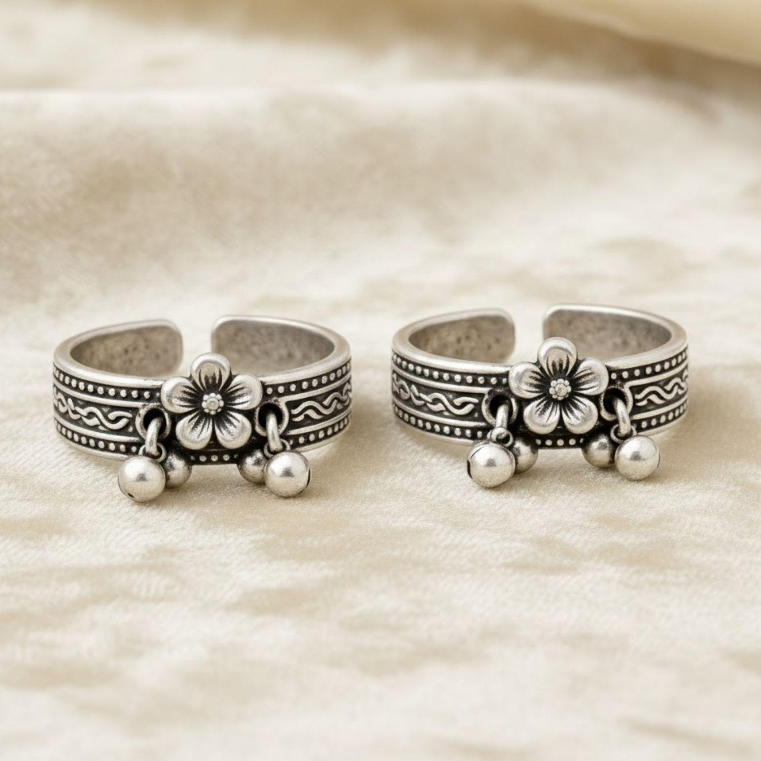 Floral Ghungroo Adjustable Toe Ring - Sterling Silver Oxidized