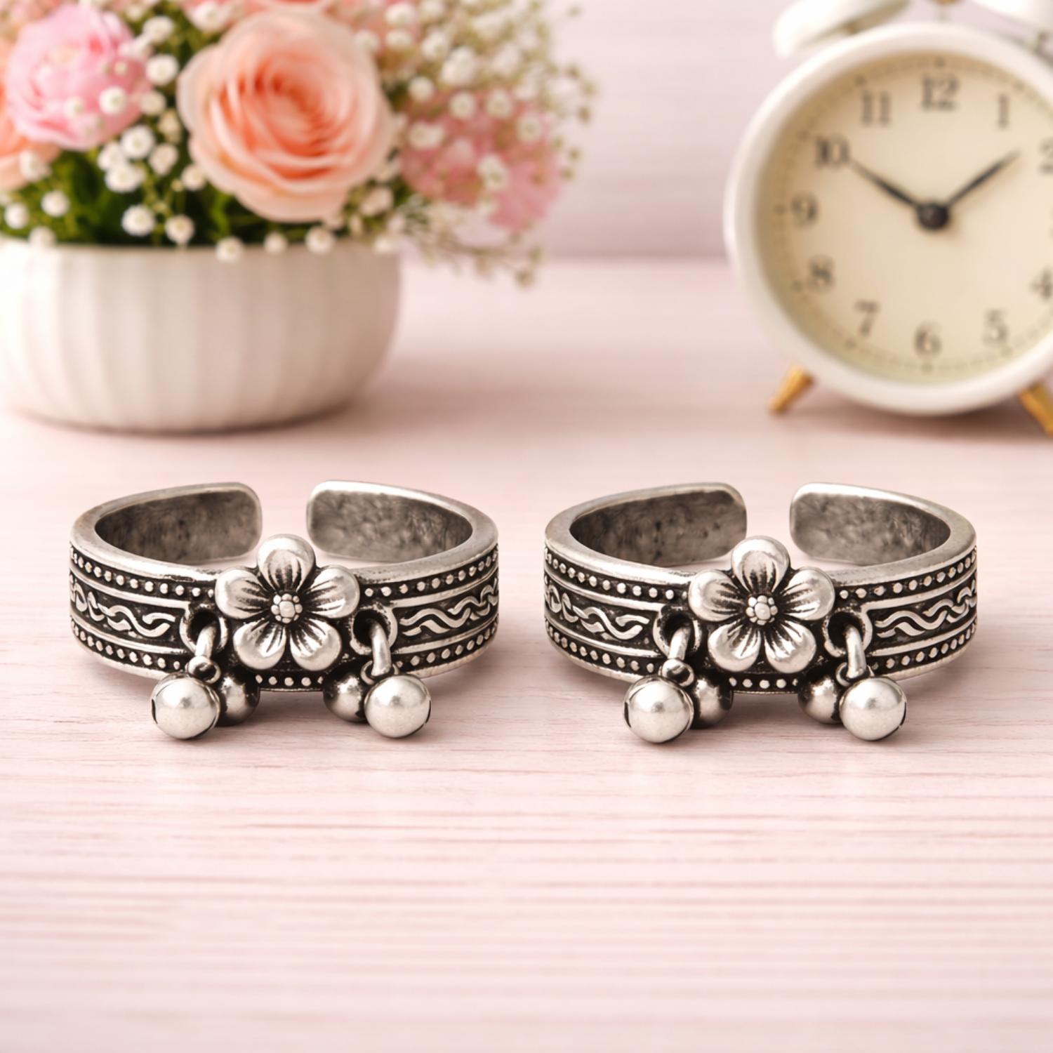 Floral Ghungroo Adjustable Toe Ring - Sterling Silver Oxidized