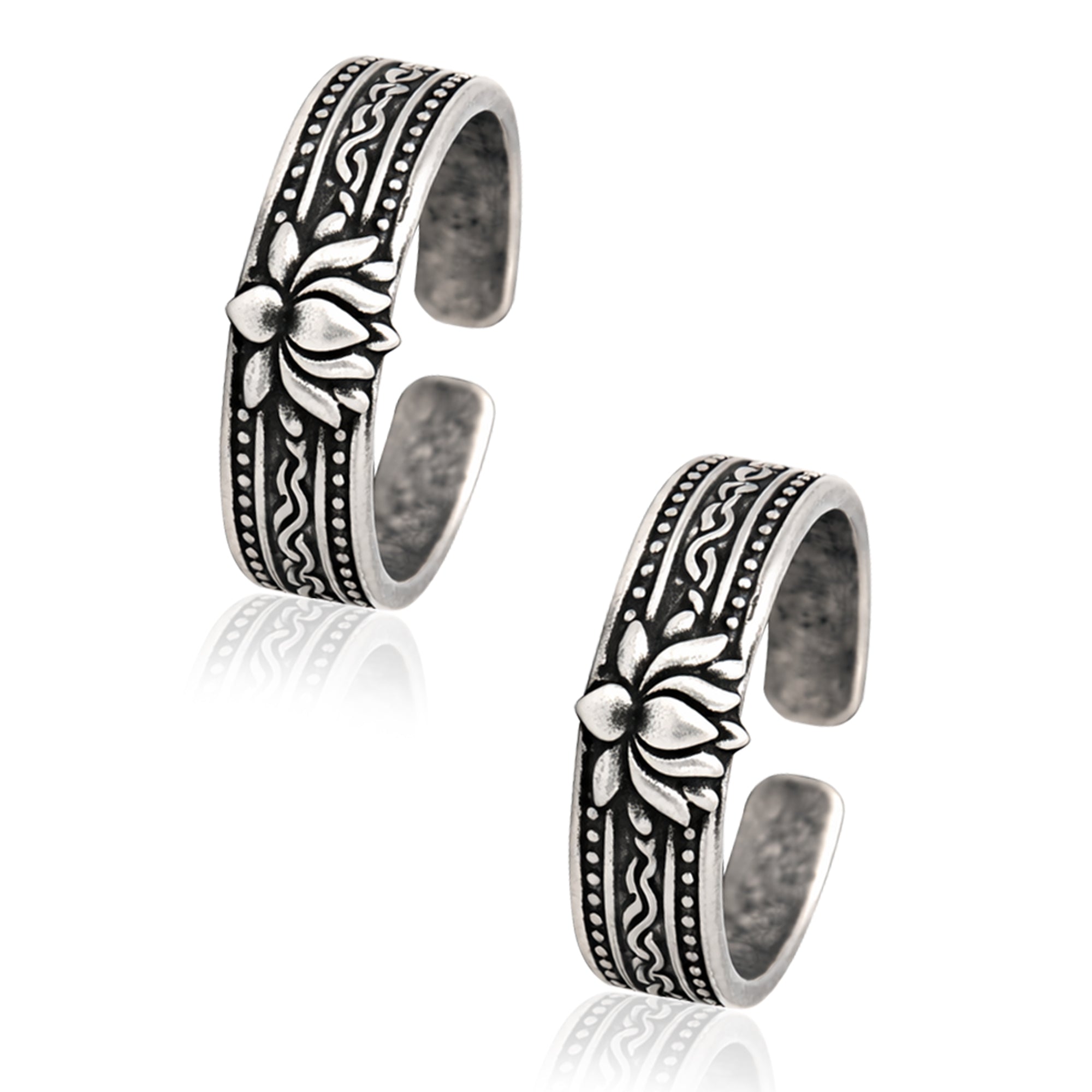 Lotus Motif Adjustable Toe Ring - Sterling Silver Oxidized