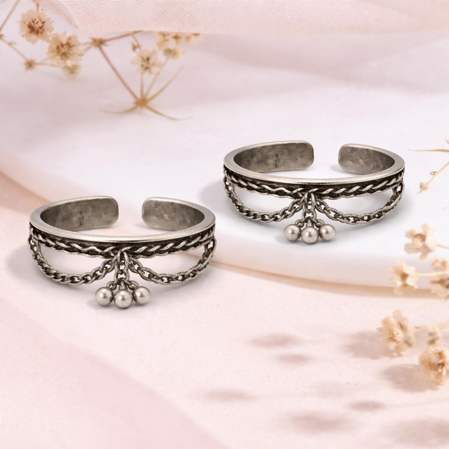 Tribal Ghungroo Drop Adjustable Toe Ring - Sterling Silver Oxidized