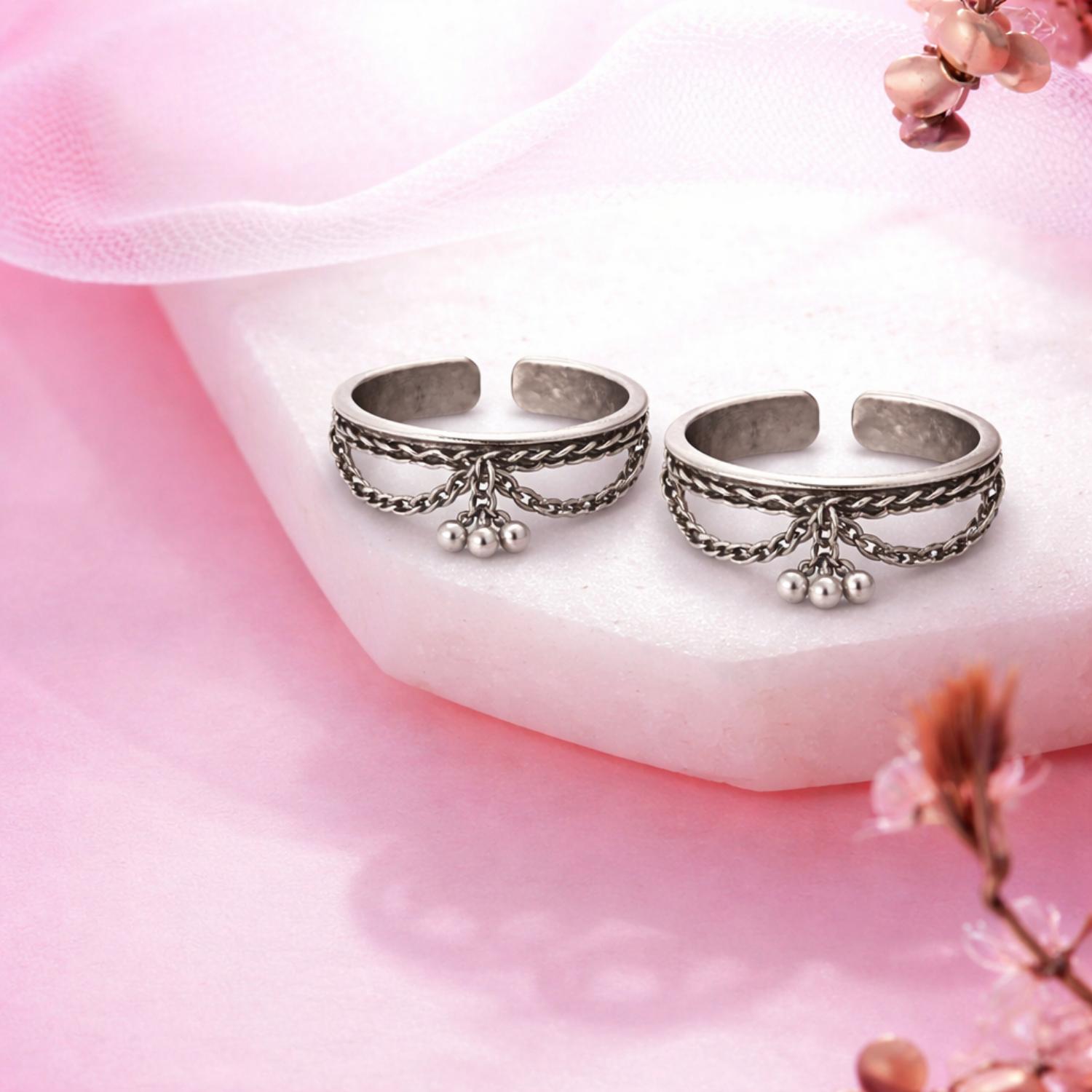 Tribal Ghungroo Drop Adjustable Toe Ring - Sterling Silver Oxidized