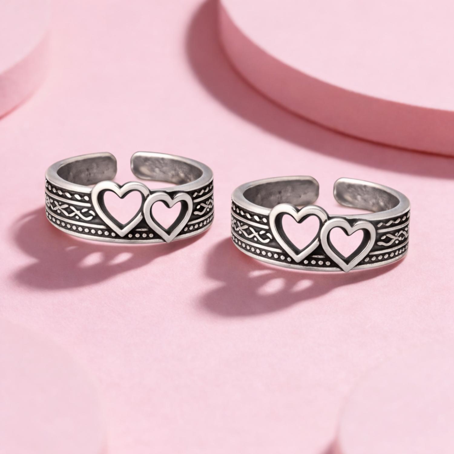 Double Heart Adjustable Toe Ring - Sterling Silver Oxidized