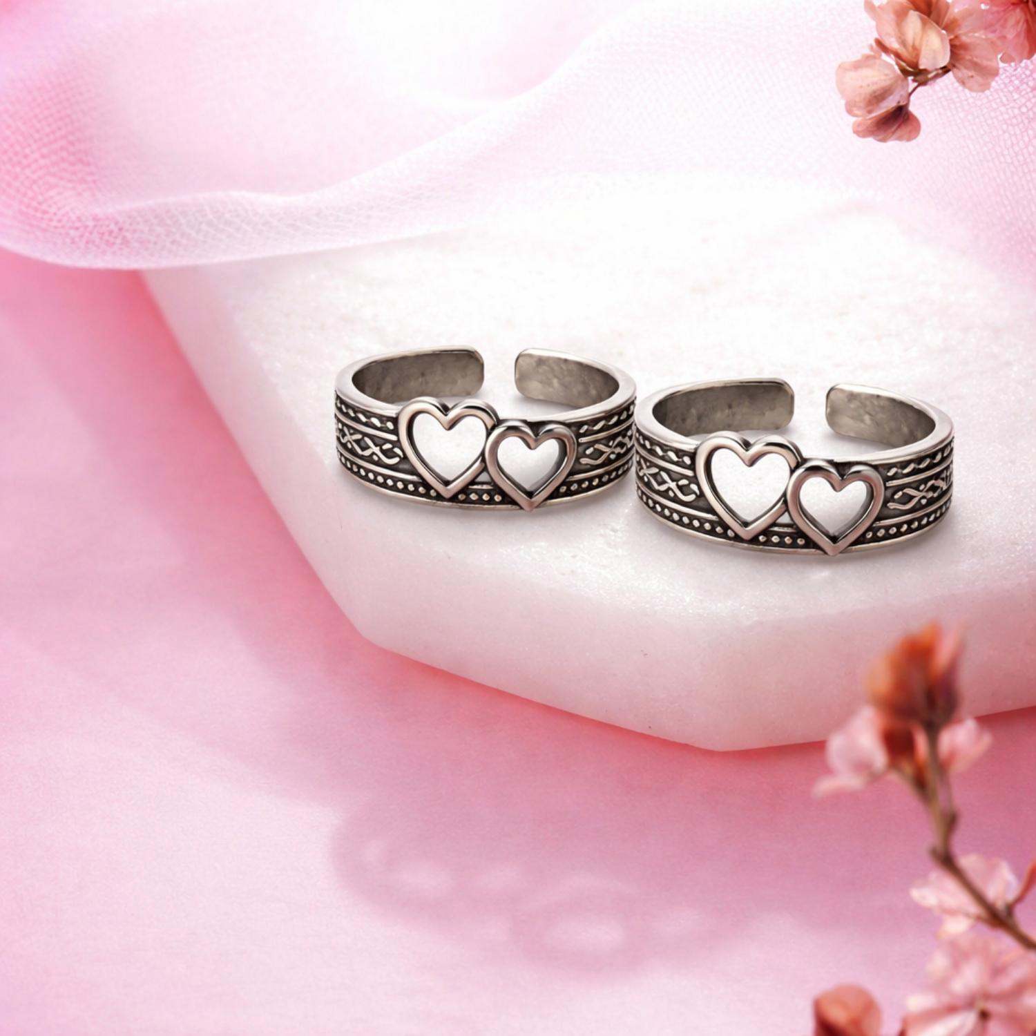 Double Heart Adjustable Toe Ring - Sterling Silver Oxidized