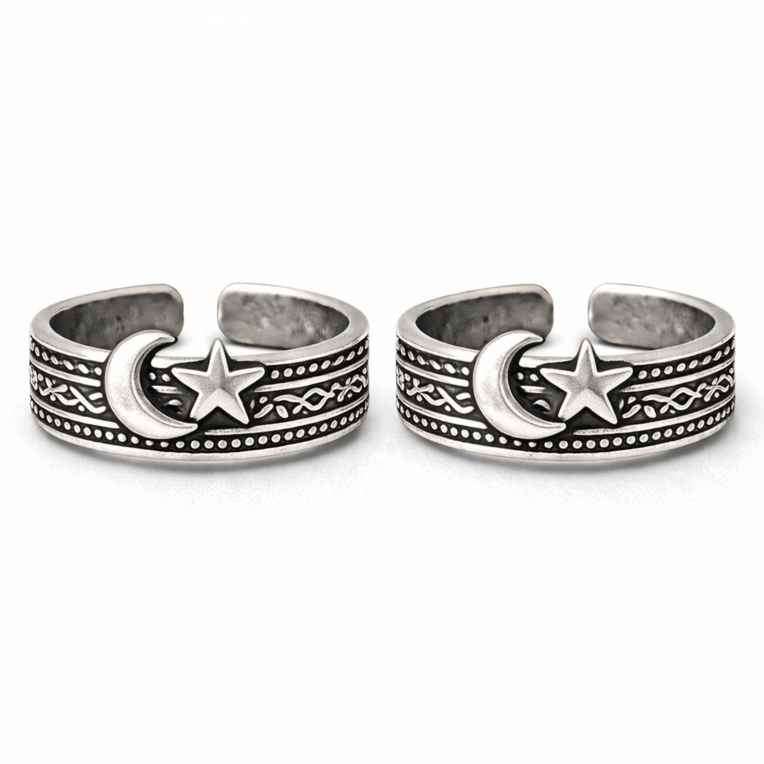 Moon & Star Adjustable Toe Ring - Sterling Silver Oxidized
