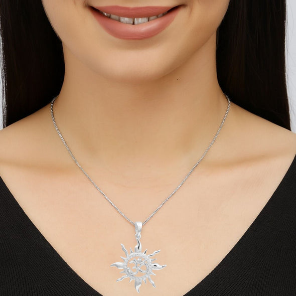 White CZ Sun Om Pendant Radiant Spiritual Charm - Sterling Silver