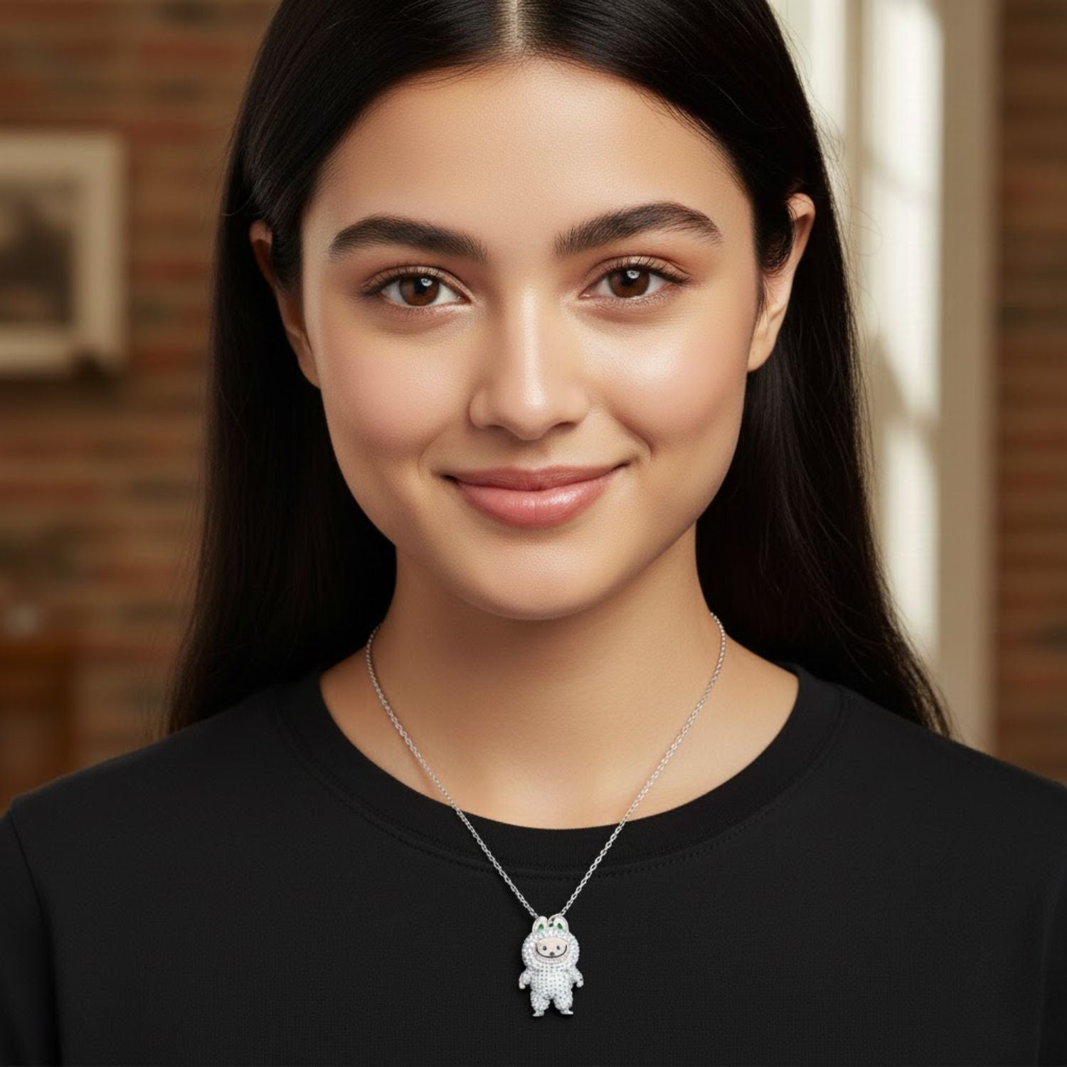 White CZ Labubu Doll Pendant Necklace - Sterling Silver