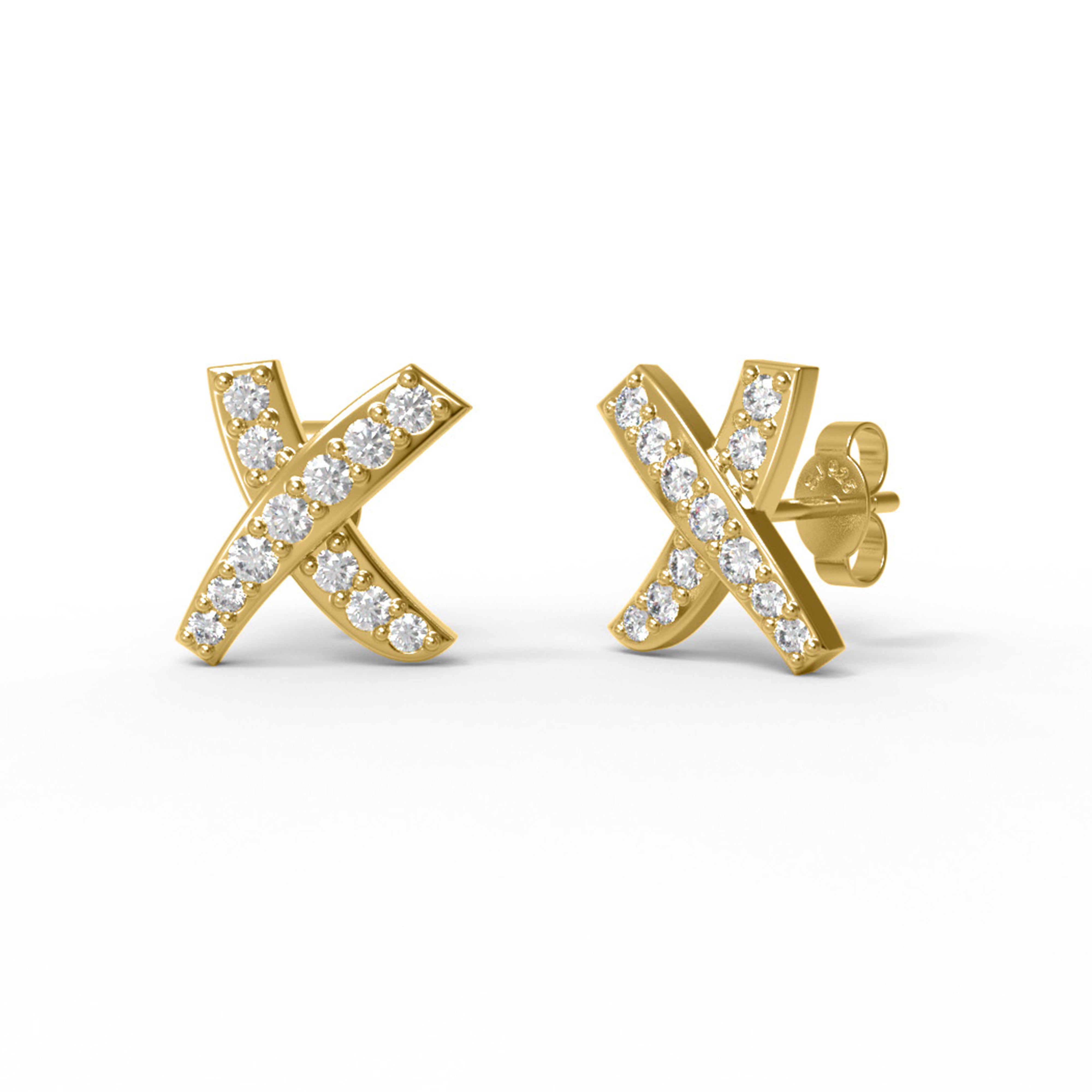 X-Shape White CZ Stud Earrings – Sterling Silver Yellow Plated
