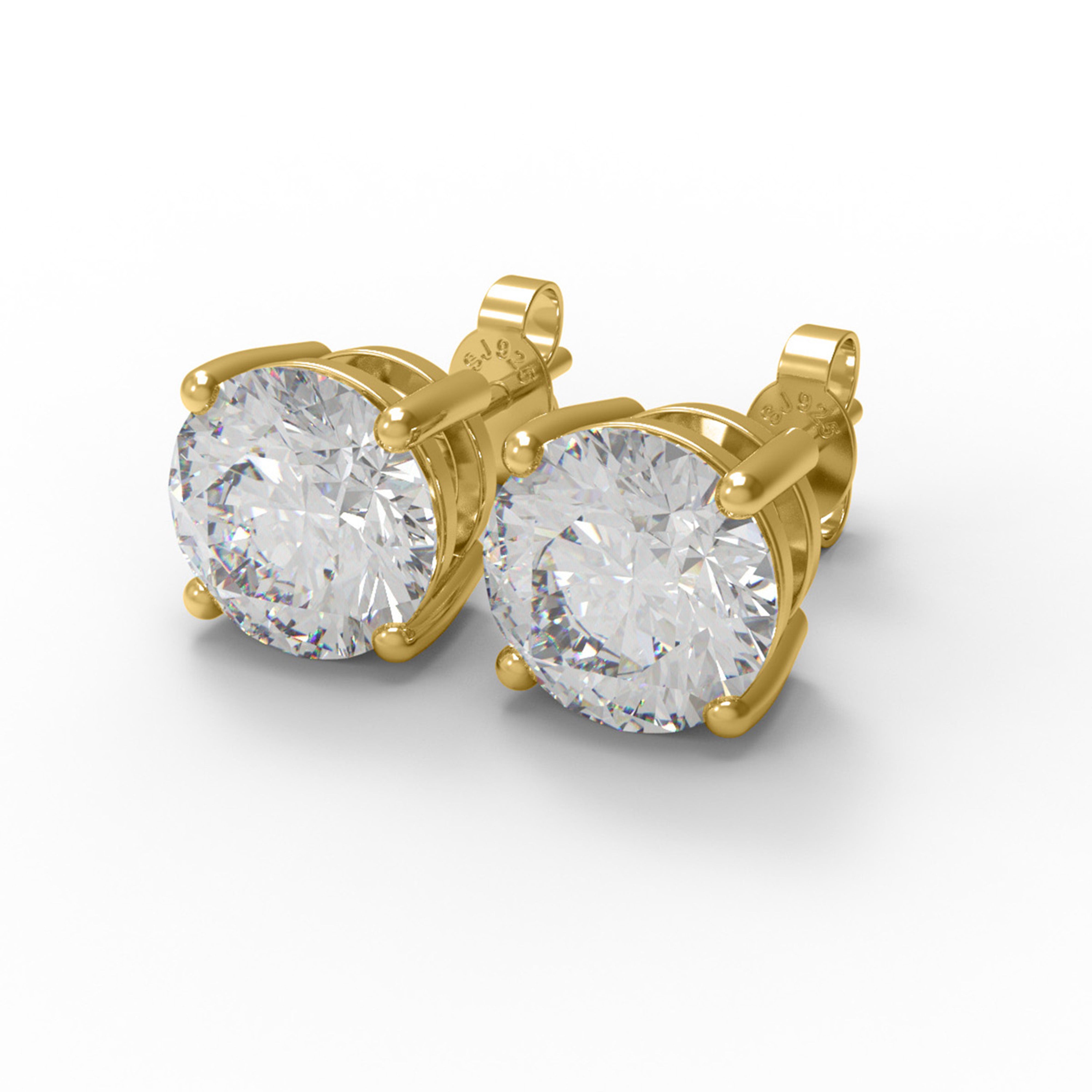 White CZ Round Stud Earrings - Sterling Silver Yellow plated