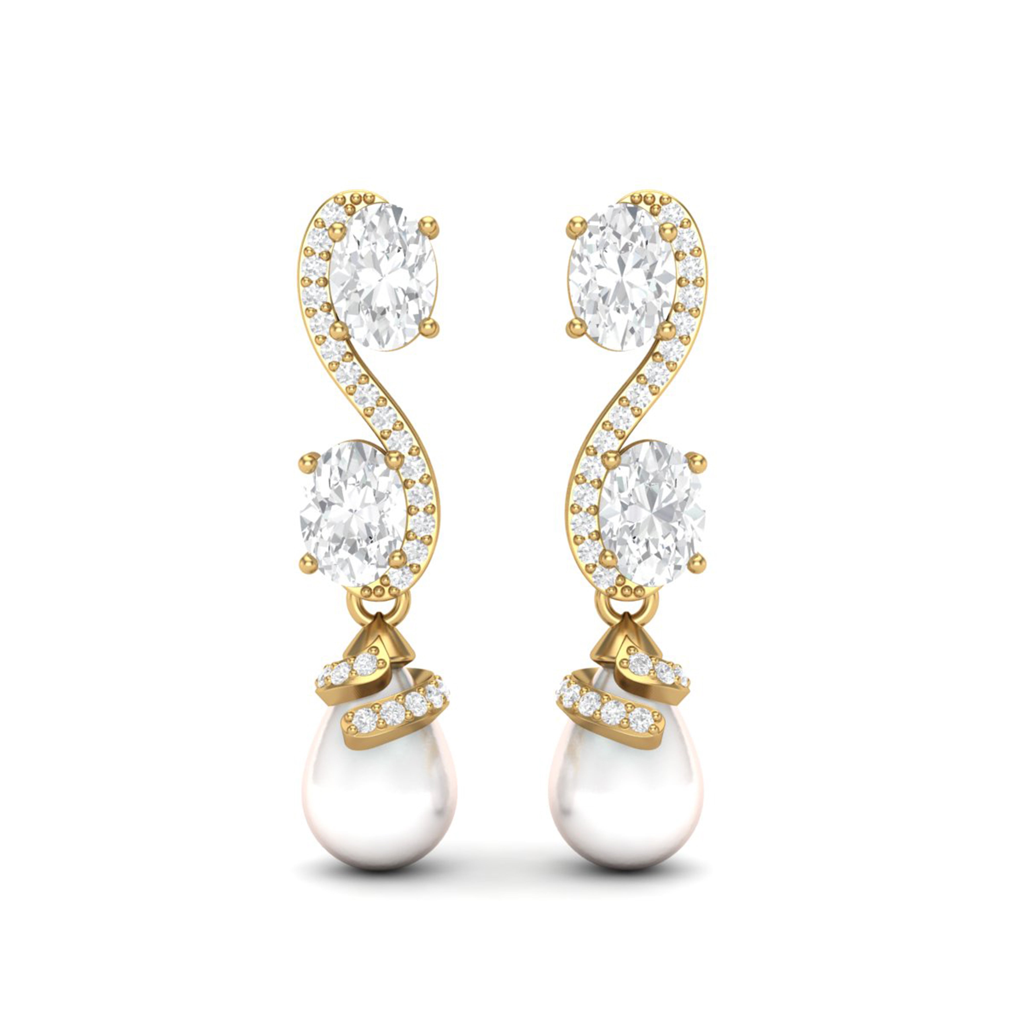 White CZ & Pearl Drop Earrings - Sterling Silver Yellow plated