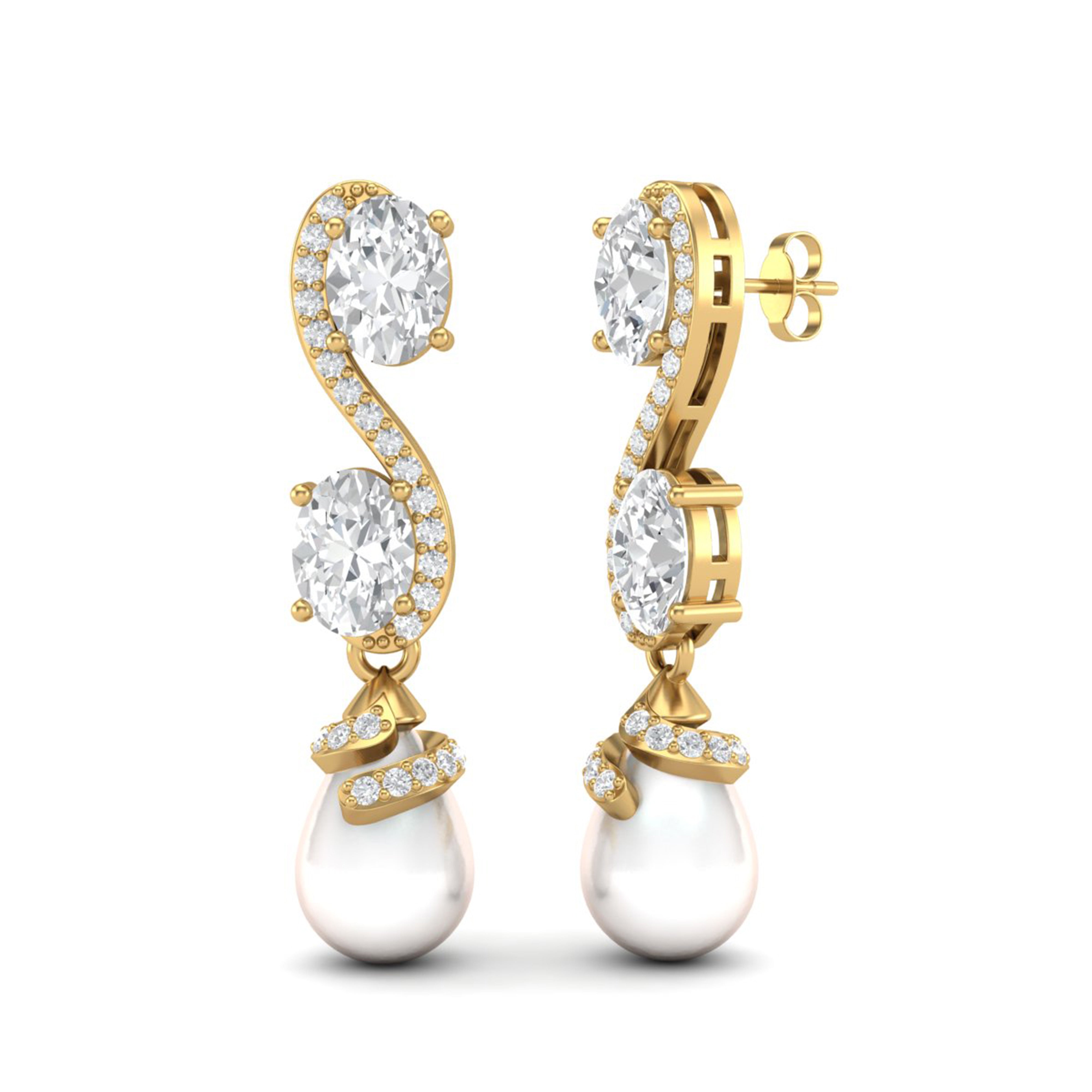 White CZ & Pearl Drop Earrings - Sterling Silver Yellow plated