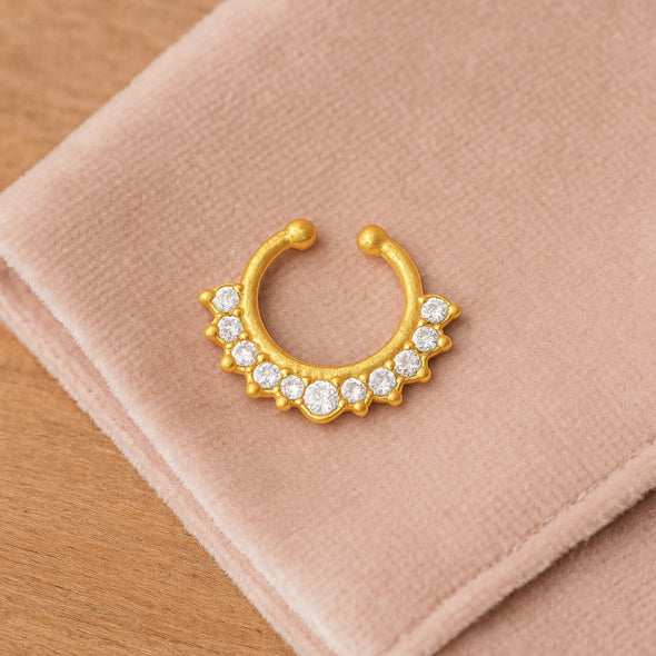 White CZ Crown Fan Septum Nose Pin - Sterling Silver Gold Plated