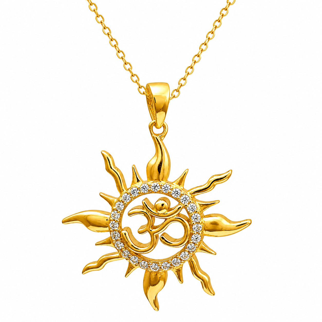 White CZ Sun Om Pendant Radiant Spiritual Charm - Sterling Silver