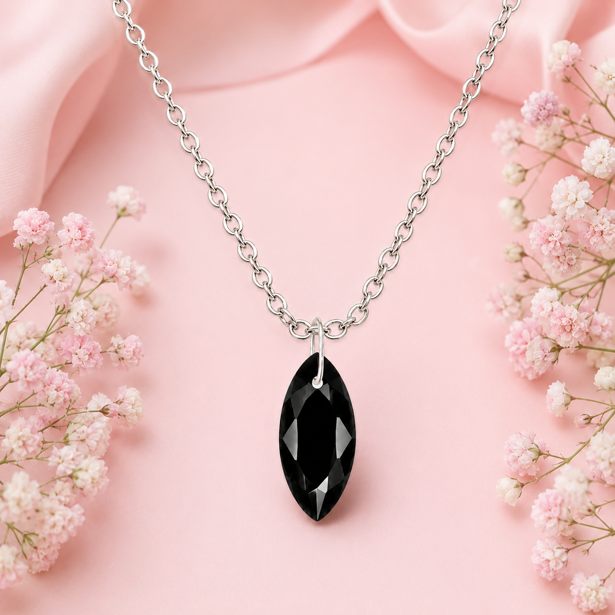 Black Spinel Marquise Pendant Necklace - 925 Sterling silver