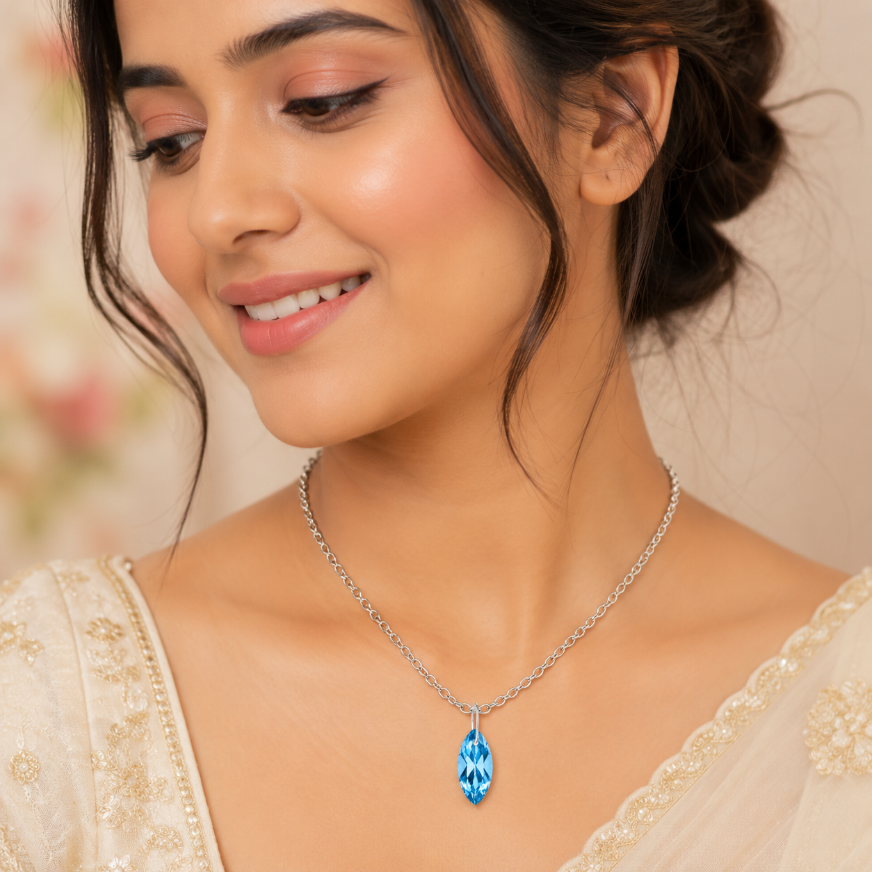 Blue Topaz CZ Marquise Pendant Necklace - 925 Sterling silver