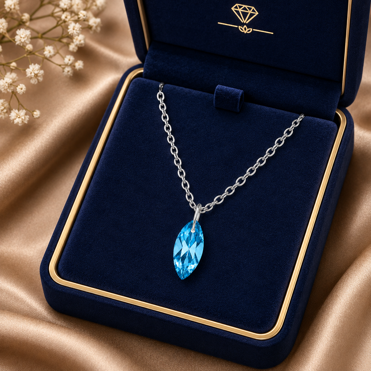 Blue Topaz CZ Marquise Pendant Necklace - 925 Sterling silver