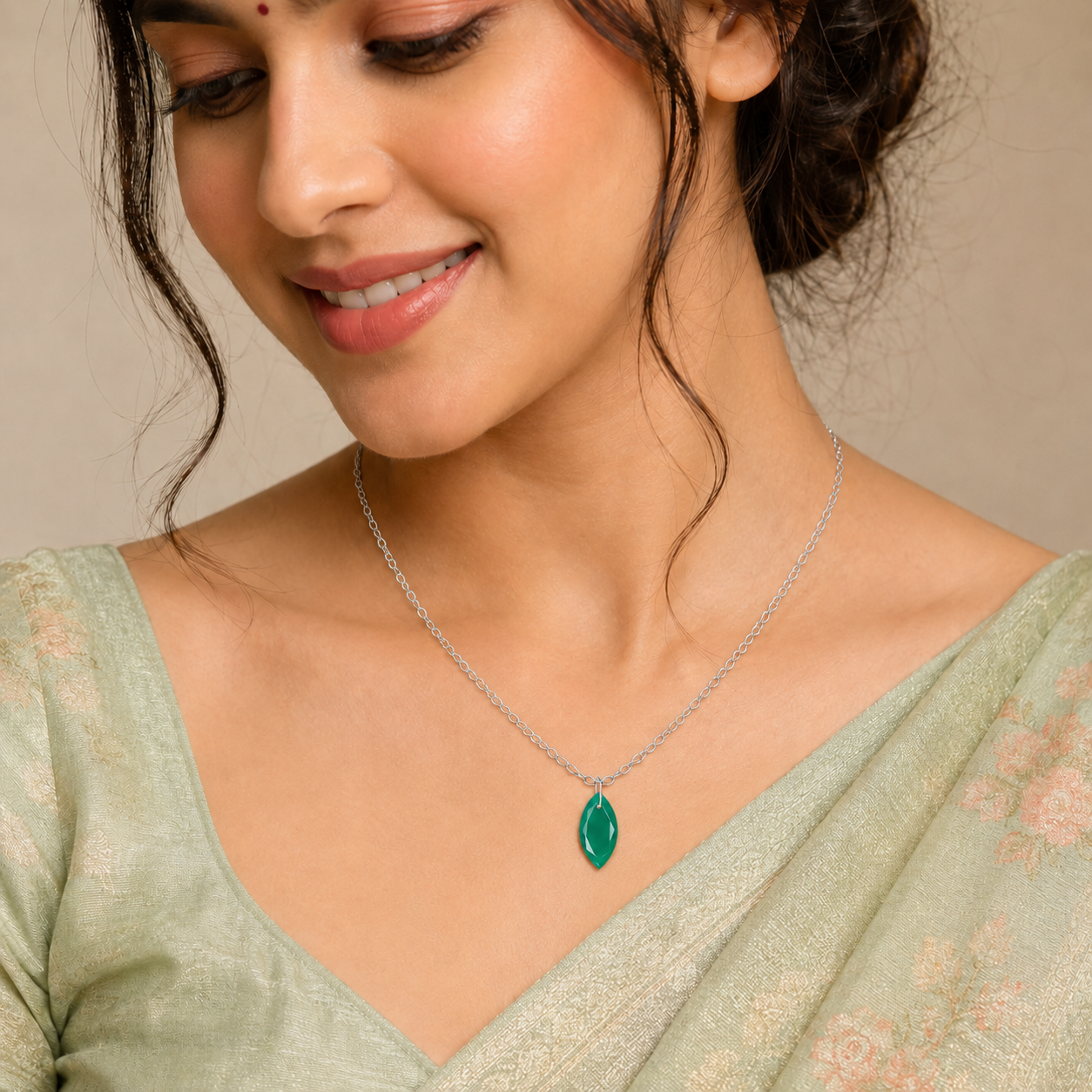Green Onyx Marquise Pendant Necklace - 925 Sterling silver