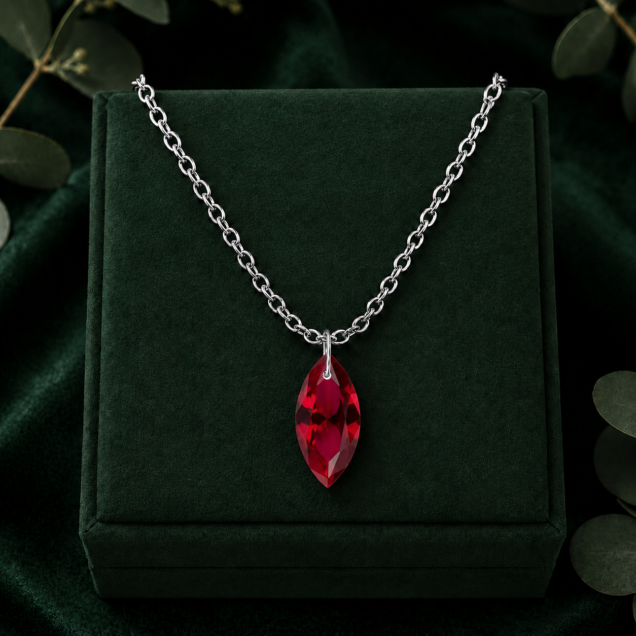 Ruby Glass Filled Marquise Pendant Necklace - 925 Sterling silver