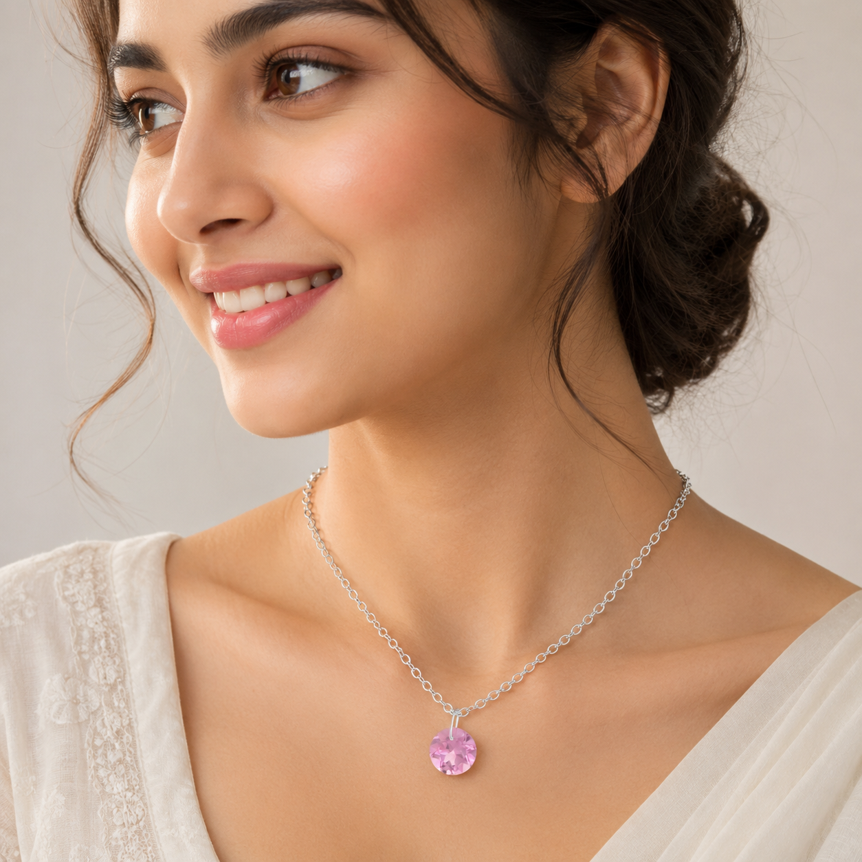 Round Pink CZ Solitaire Pendant Pendant Necklace - 925 Sterling Silver