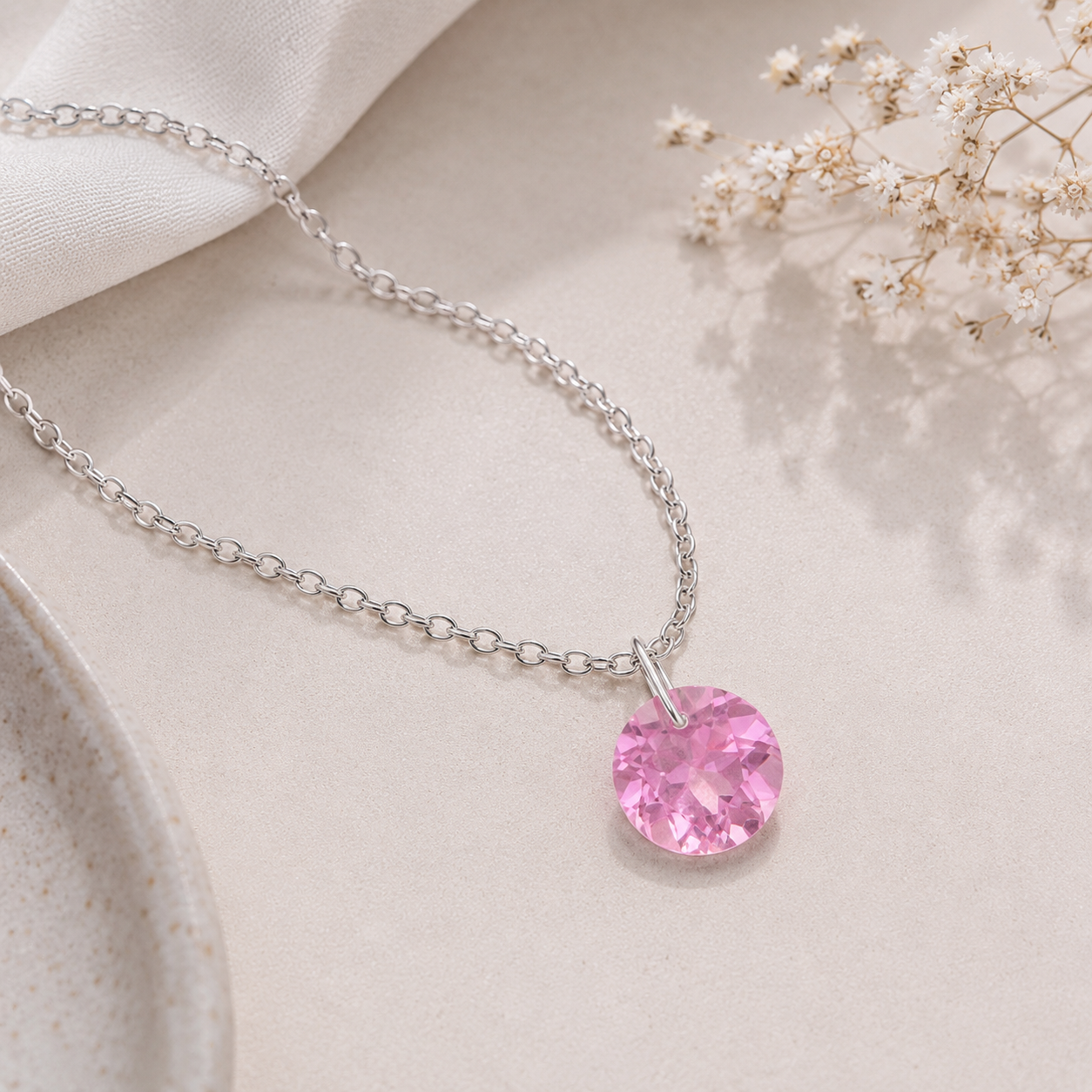Round Pink CZ Solitaire Pendant Pendant Necklace - 925 Sterling Silver