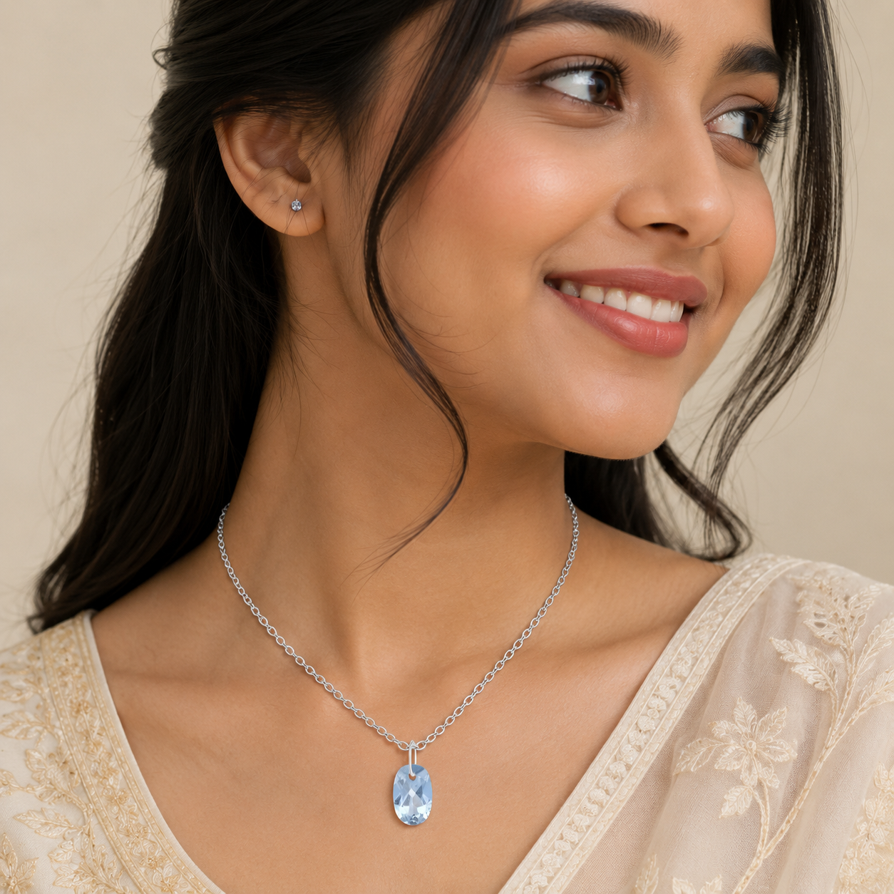 Oval Blue Topaz Solitaire Pendant Necklace - 925 Sterling Silver