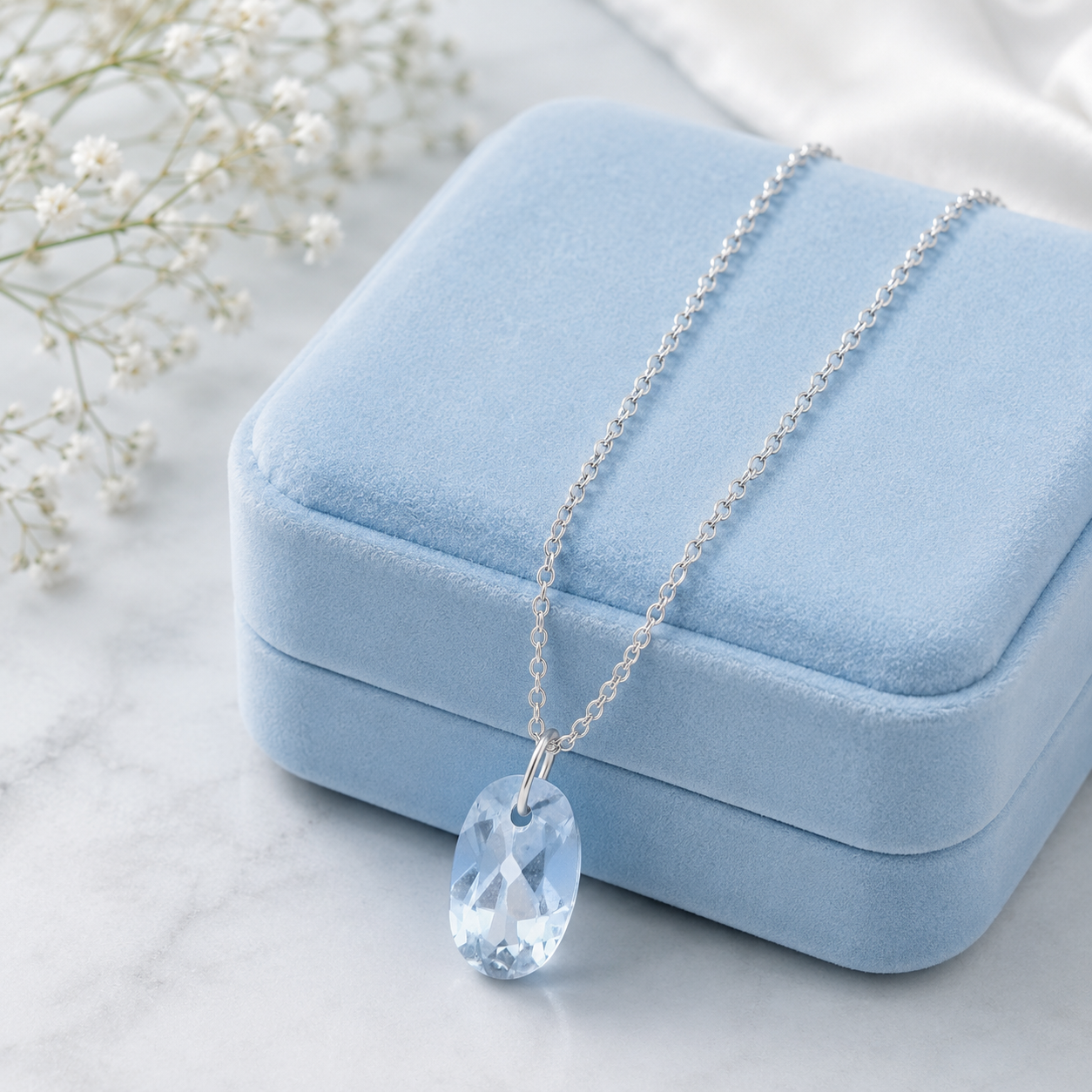 Oval Blue Topaz Solitaire Pendant Necklace - 925 Sterling Silver
