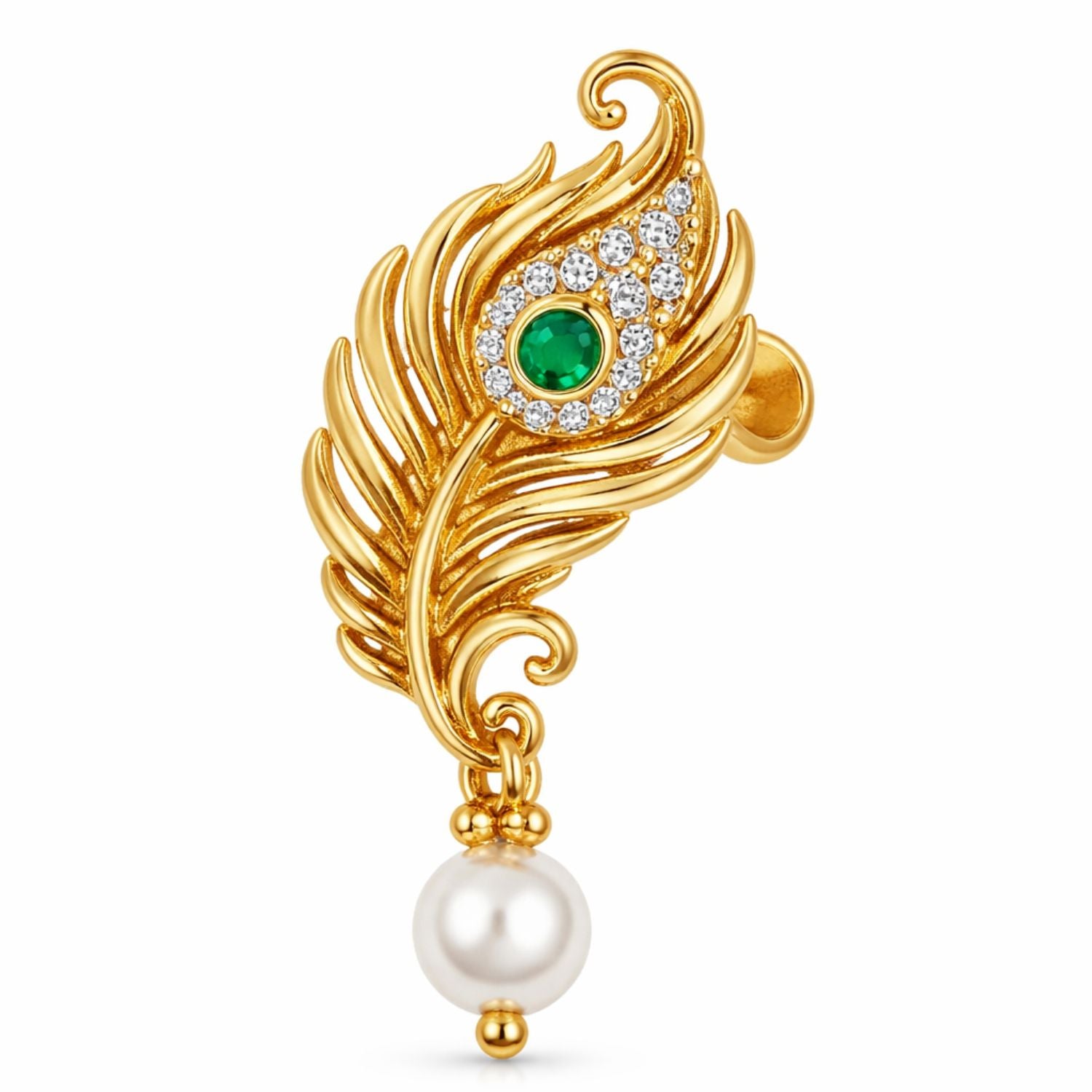 Peacock Feather Green Stone Pearl Nose Pin - Gold Plated 925 Sterling Silver