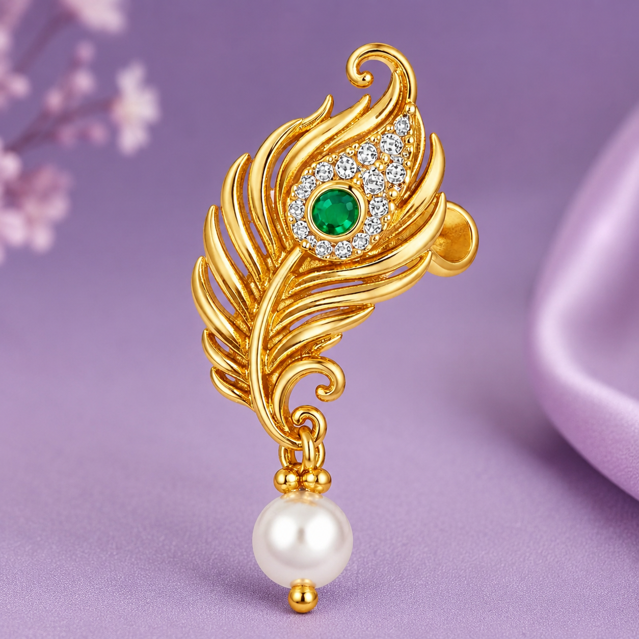 Peacock Feather Green Stone Pearl Nose Pin - Gold Plated 925 Sterling Silver