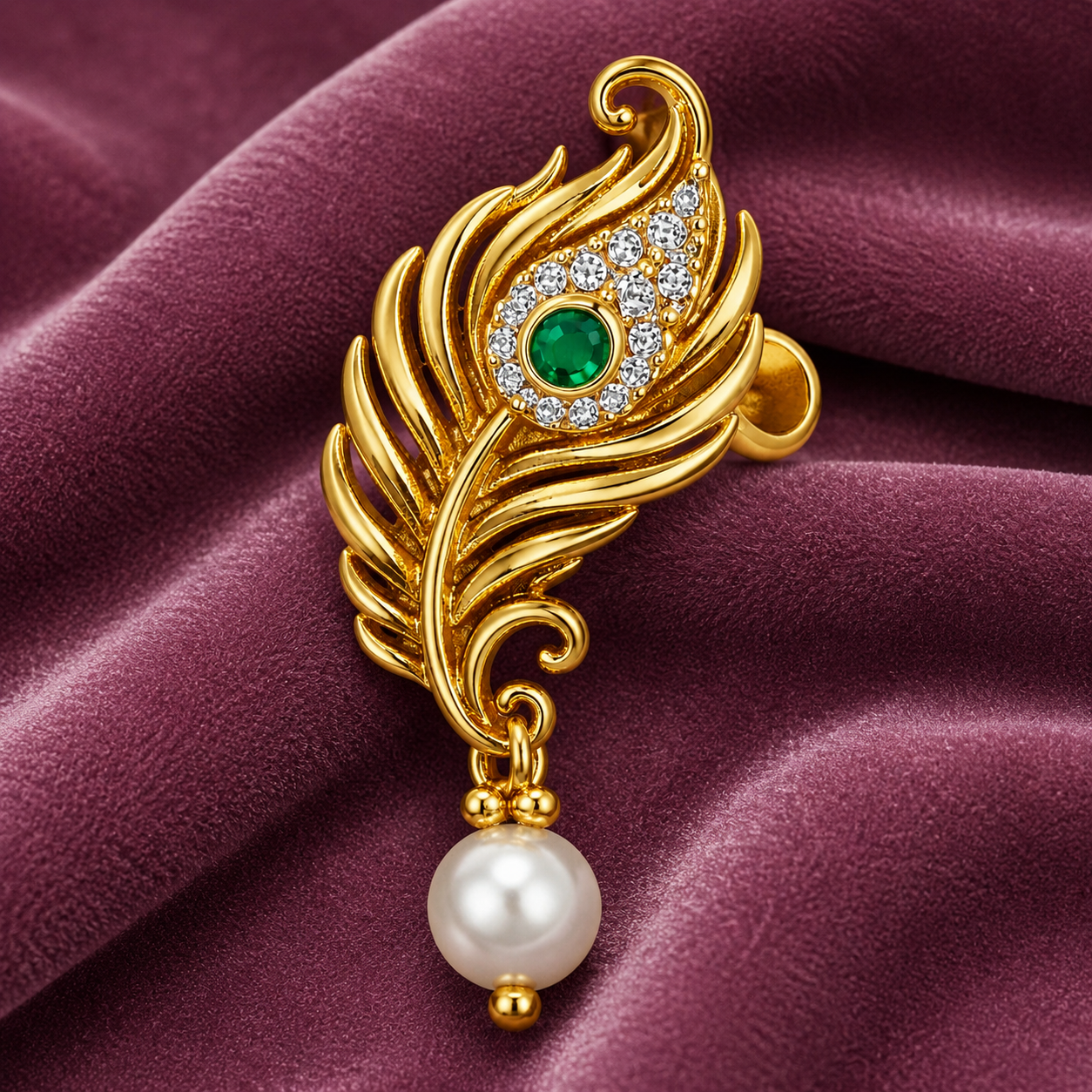 Peacock Feather Green Stone Pearl Nose Pin - Gold Plated 925 Sterling Silver