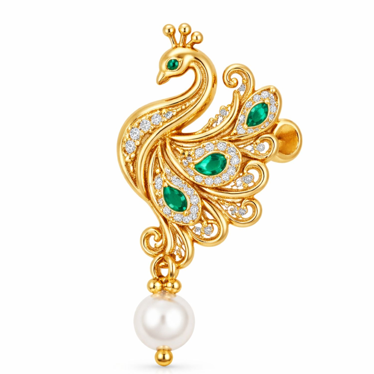 Peacock Green Stones & Pearl Drop Nose Pin - Gold Plated 925 Sterling Silver