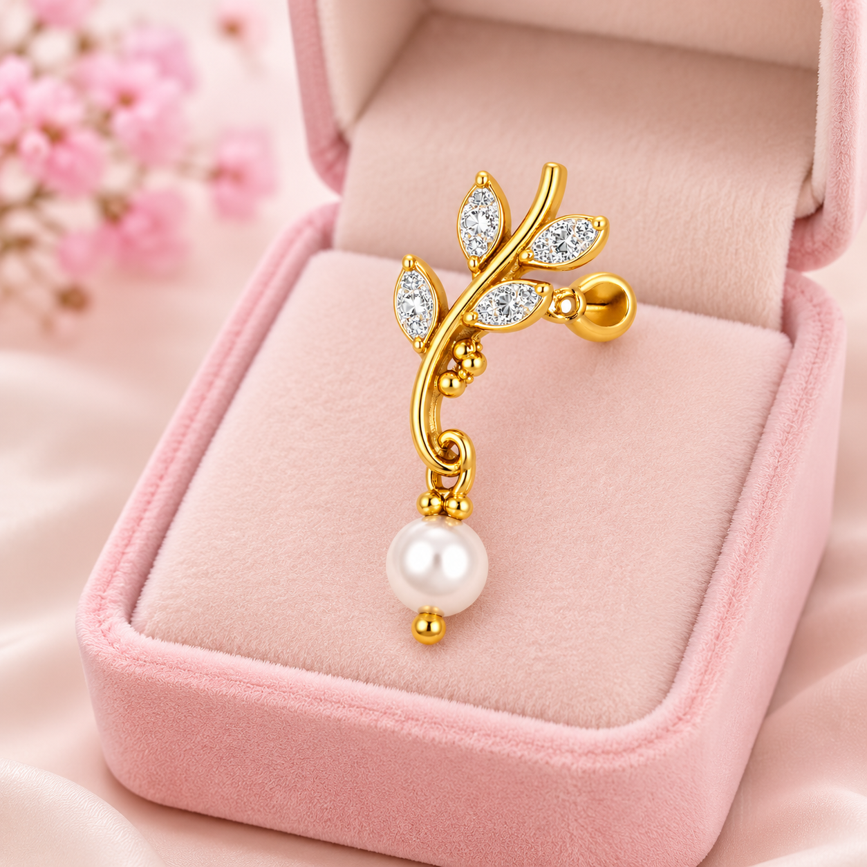 Leaf Pearl Drop Nose Pin - Gold Plated 925 Sterling Silver