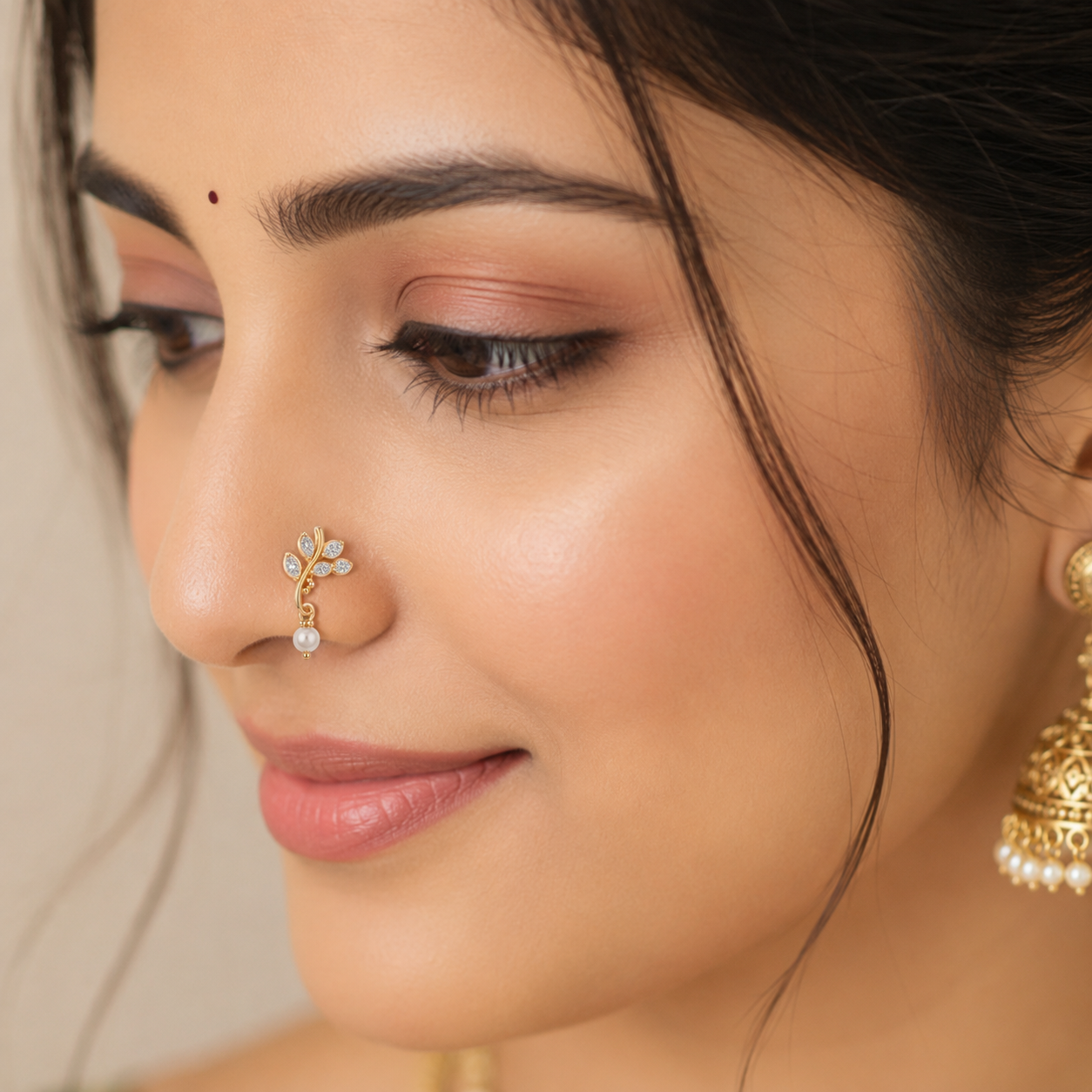 Leaf Pearl Drop Nose Pin - Gold Plated 925 Sterling Silver