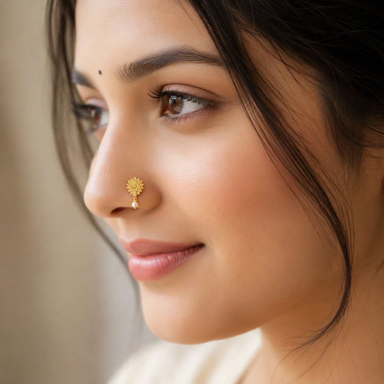 Floral Pearl Drop Pearl Drop Nose Pin - Gold Plated 925 Sterling Silver