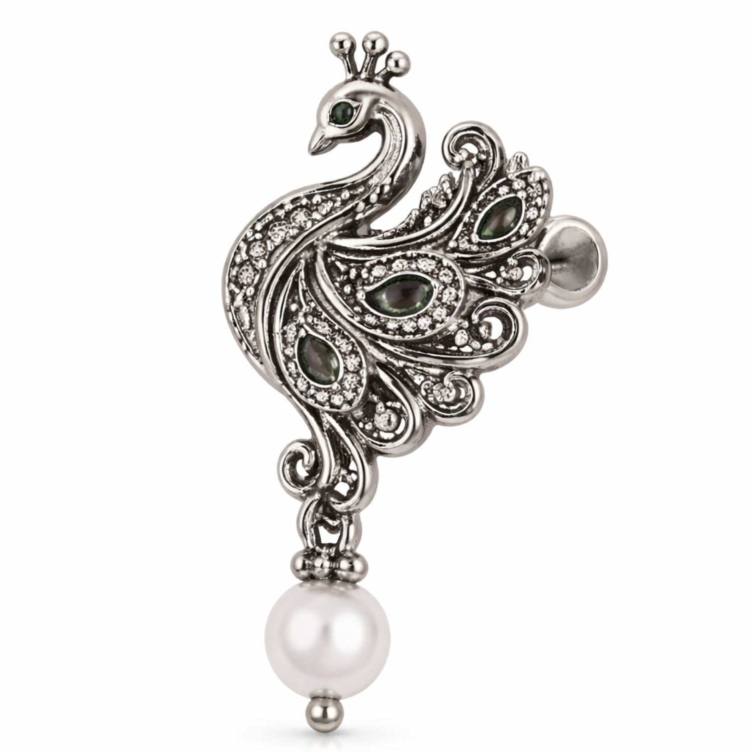 Oxidized Peacock Green Stones & Pearl Drop Nose Pin - 925 Silver