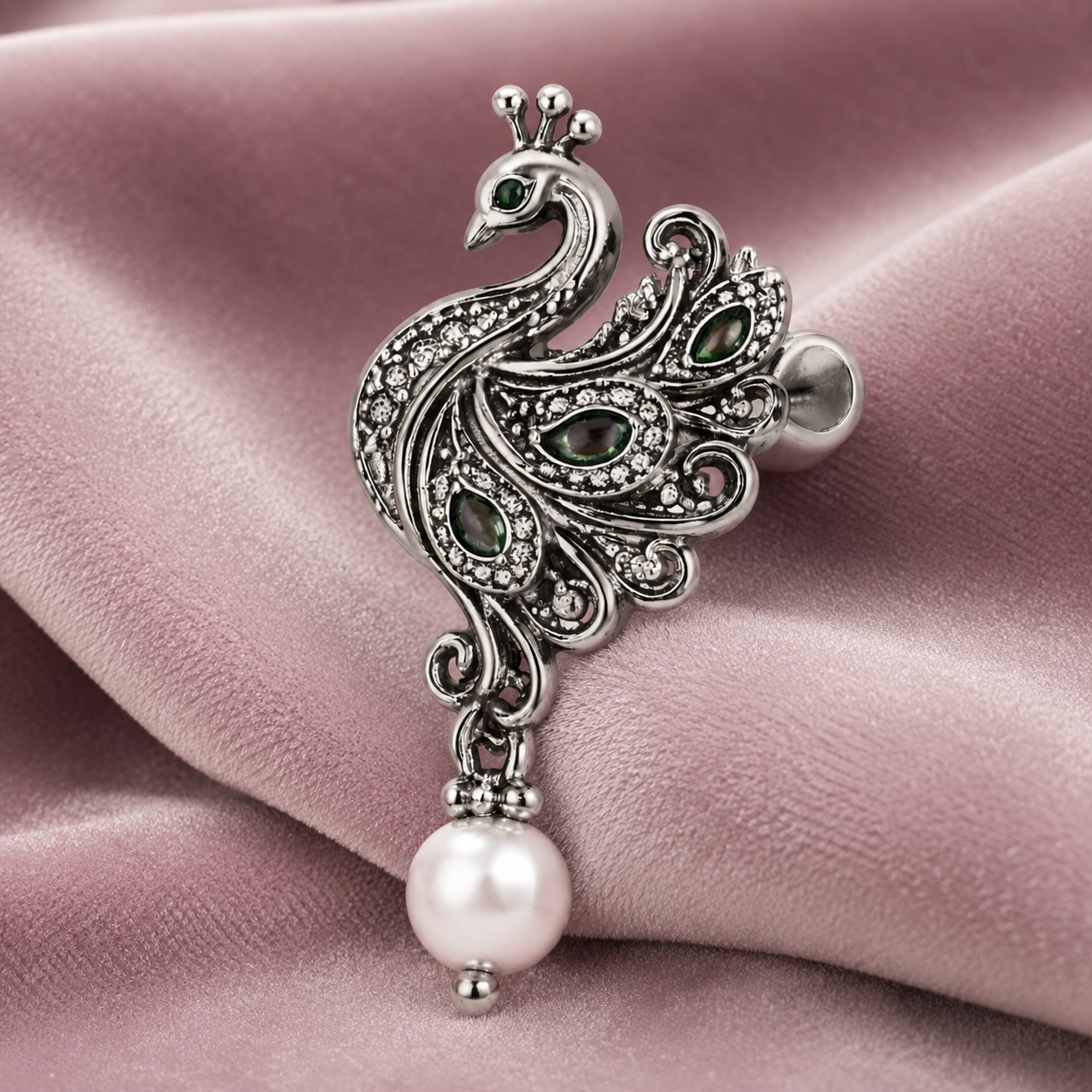 Oxidized Peacock Green Stones & Pearl Drop Nose Pin - 925 Silver