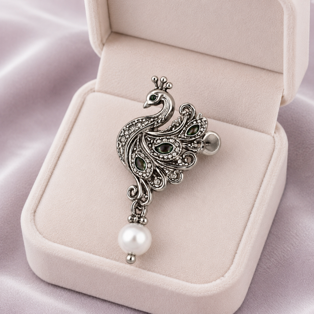 Oxidized Peacock Green Stones & Pearl Drop Nose Pin - 925 Silver