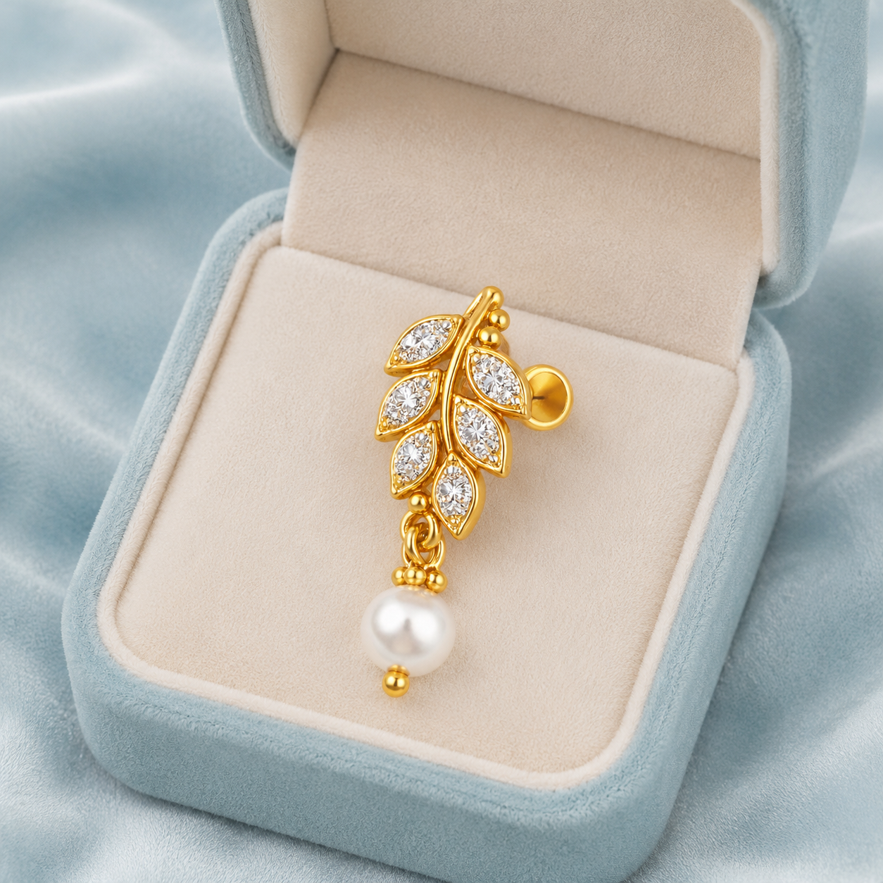 Leaf Pearl Nose Pin - Gold Plated 925 Sterling Silver