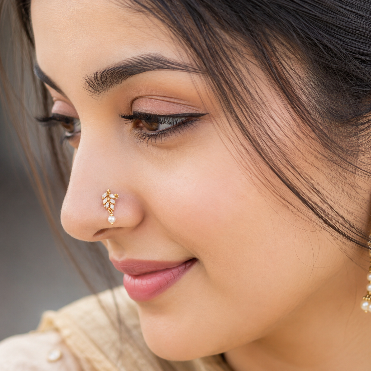 Leaf Pearl Nose Pin - Gold Plated 925 Sterling Silver