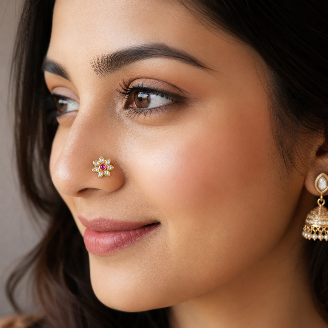 Floral White CZ & Pink Center Nose Pin - Gold Plated 925 Sterling Silver