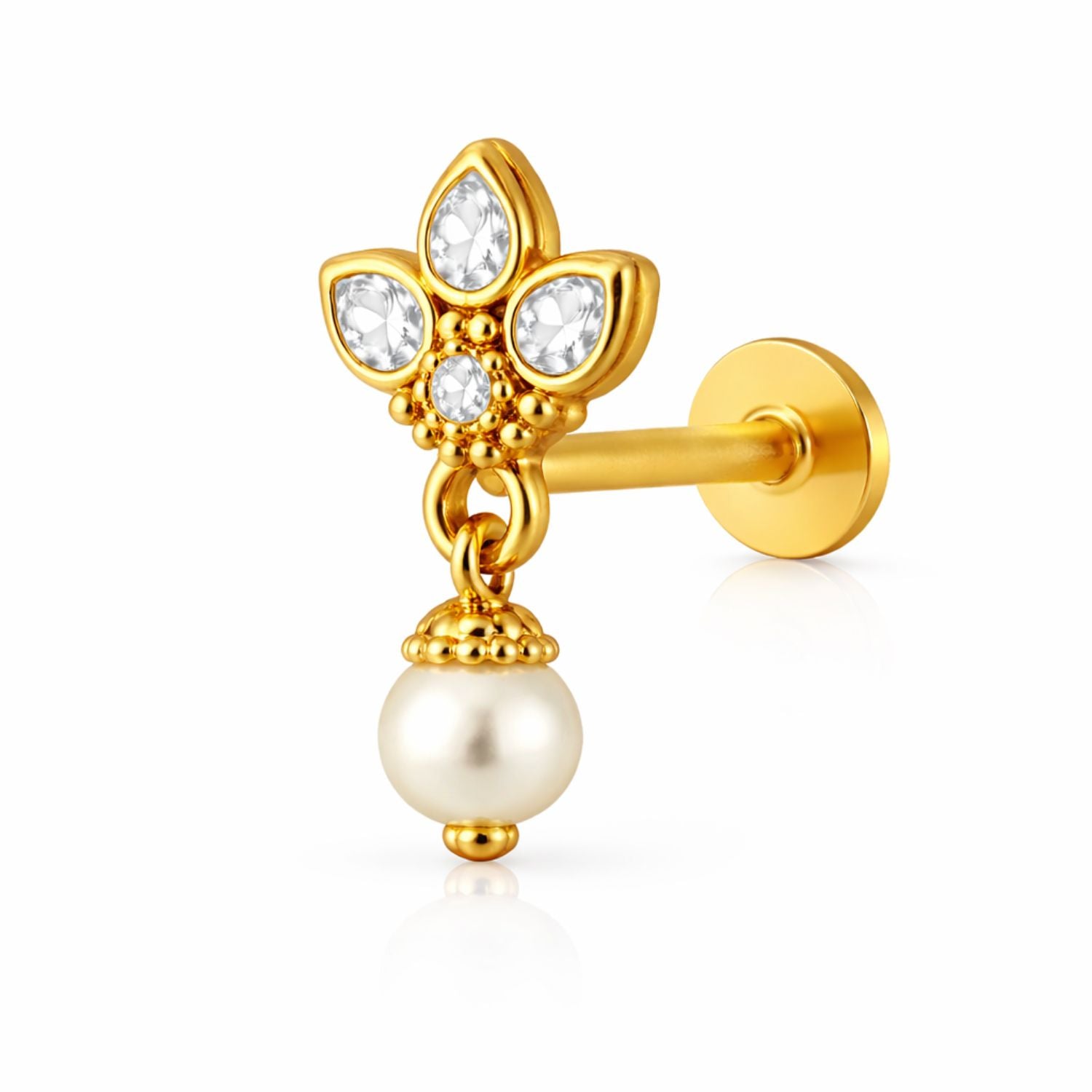 Floral Pearl Drop Nose Pin with CZ - Gold Plated 925 Silver